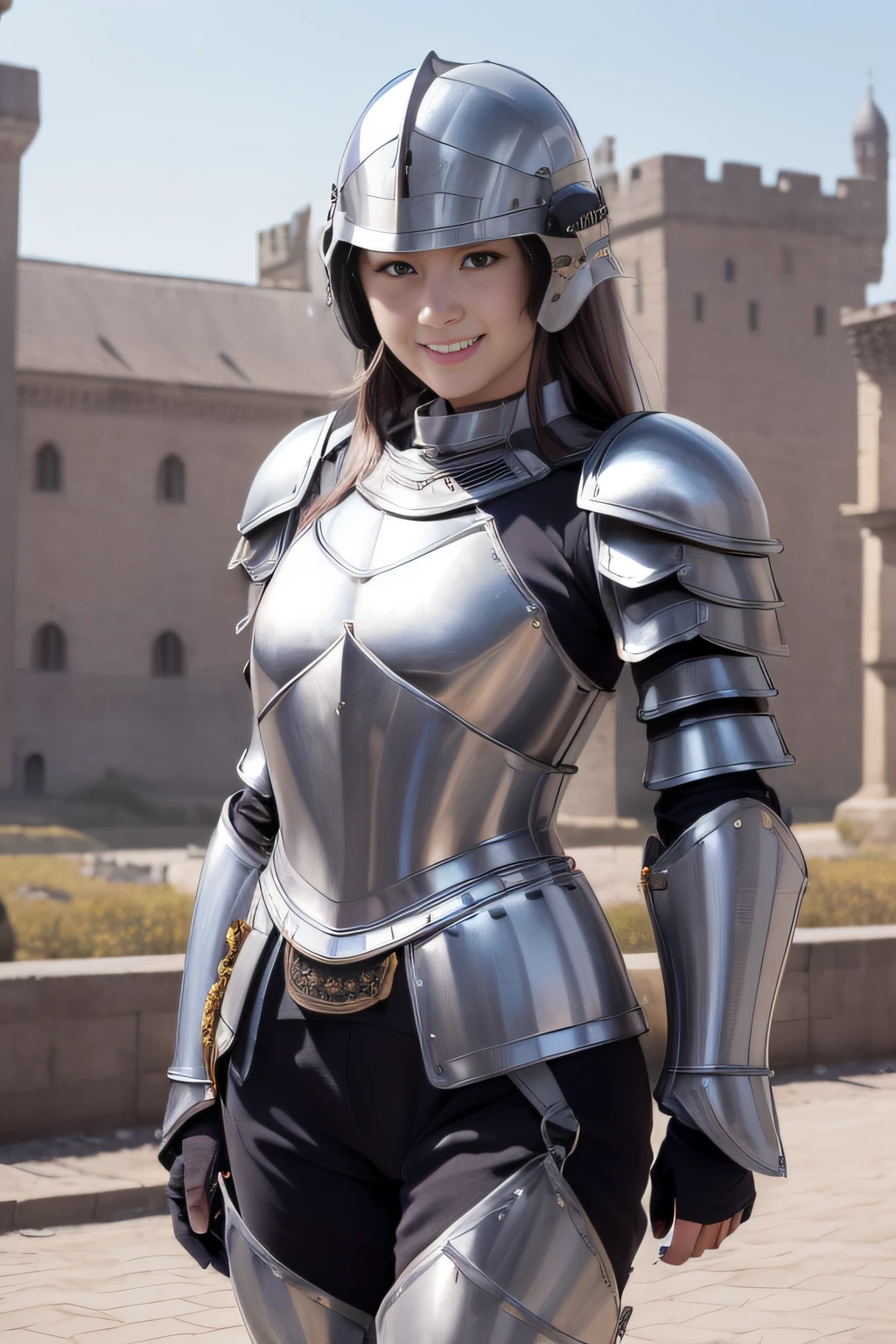 best qualtiy、masutepiece、超A high resolution、(Photorealistic:1.4) 、infp young woman、(modeled:1.2)、small head、a small face、blonde hair、long legged、(Decorated night helmet covering the ears:1.3)、(Ornately decorated full-body armor:1.3)、Tight waist armor、(Falls Armor:1.9)、(Metal Crotch Protector:1.4)、Leg armor、(blue cloak:1.3)、(Full body:1.4)、Appearance without makeup、huge smile、(the perfect body:1.7)、Castle background、By Michelangelo