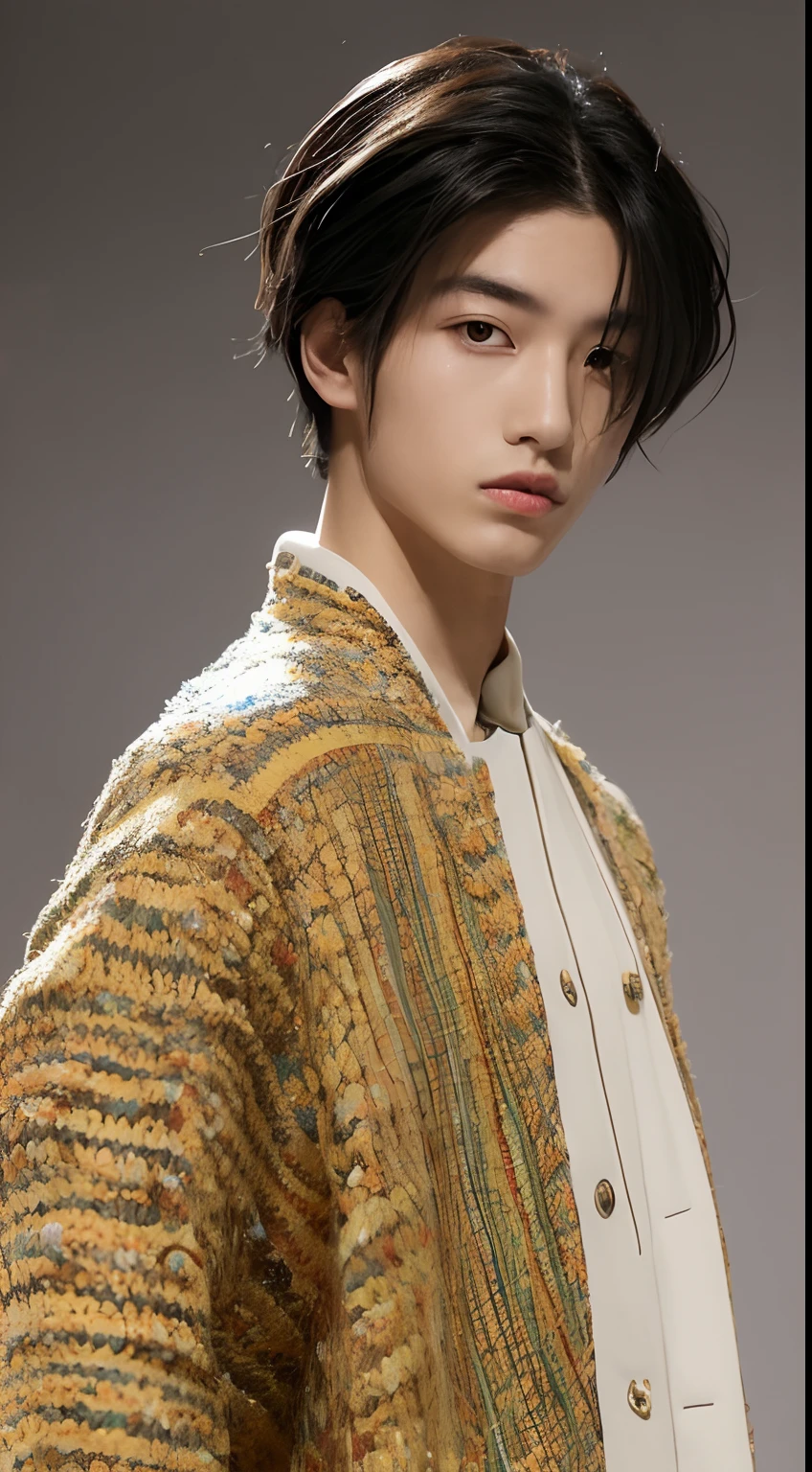 one Japanese male model ,Unique hair details, colorful Y2K fashion, Near future, Curvilinear details , short hair