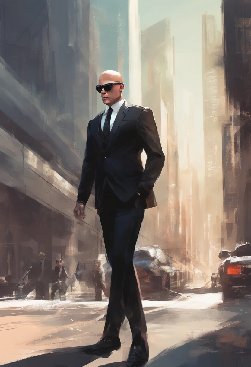 man,bald tall slim sexy in elegant black suit with black sunglasses