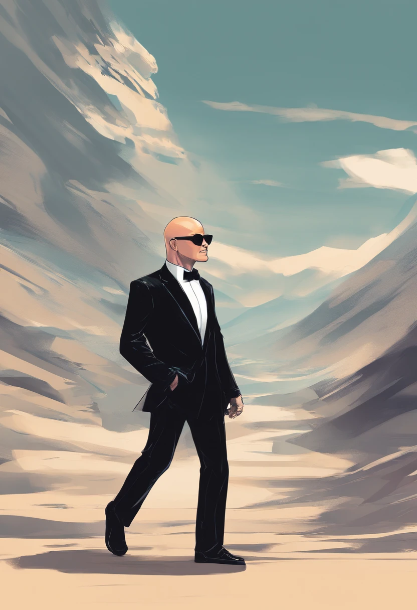 man,bald tall slim sexy in elegant black suit with black sunglasses