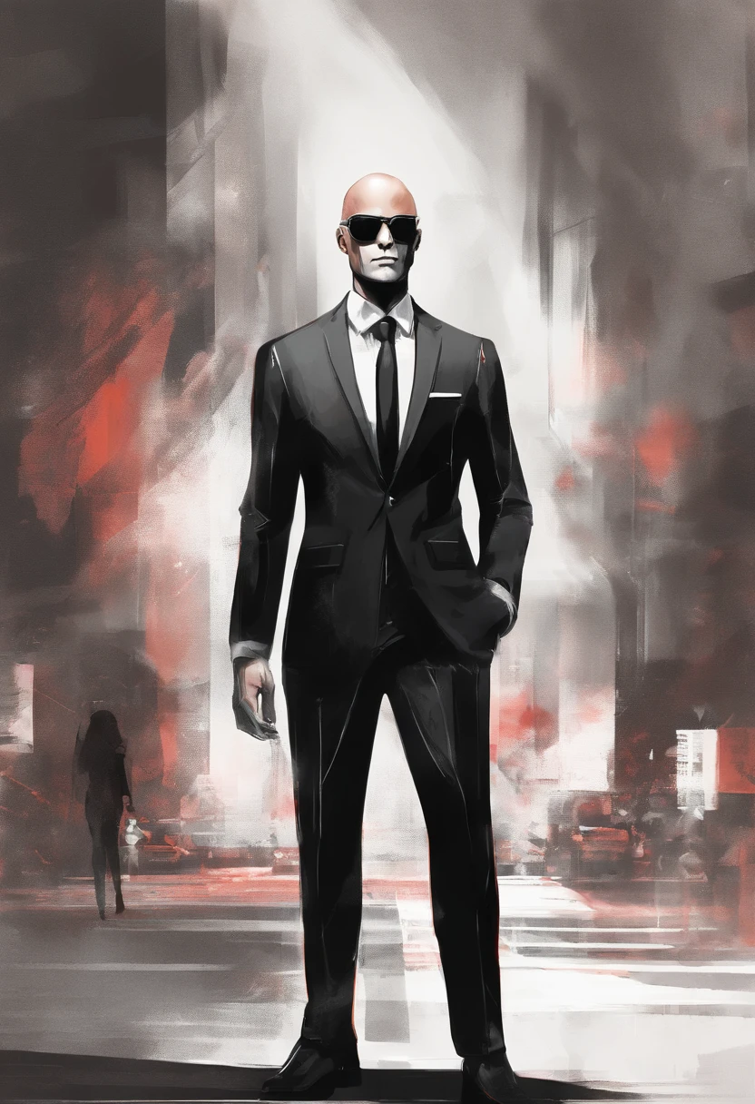 man,bald tall slim sexy in elegant black suit with black sunglasses