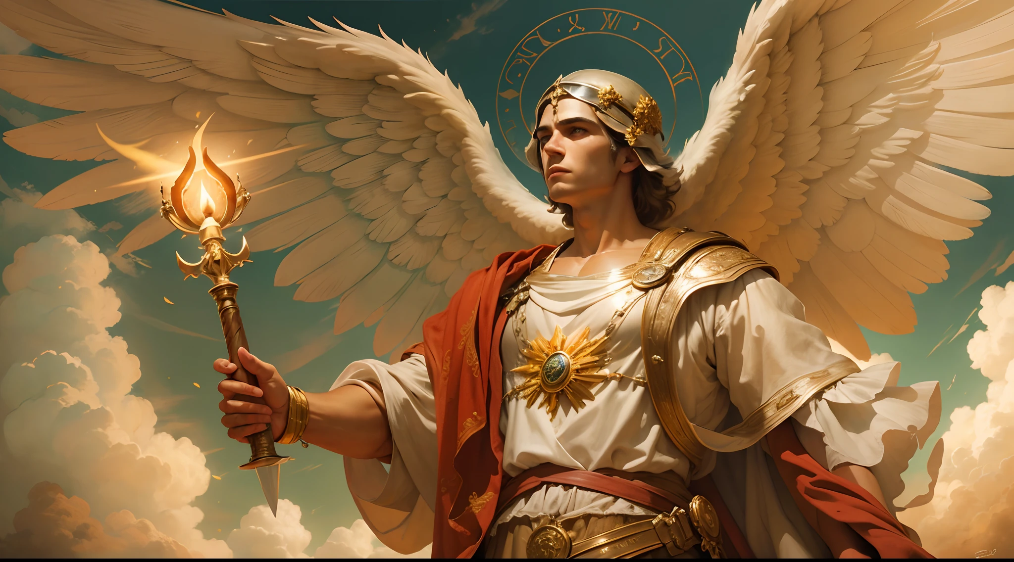 Closeup of an image a man angel with a large and long sword with attack position in right hand, in the other left hand holding a scale, Angel dressed as a Roman soldier looking at the ground, arcanjo homem com asas grandes, o anjo da fortuna, perfeito, Realistic, Biblical setting, Biblical Paradise Setting, sol e nuvens ultras realistas, flores e velas, illuminated archangel of heaven, flores coloridas, velas acesas, roupas brancas e vermelhas, velas incandecentes