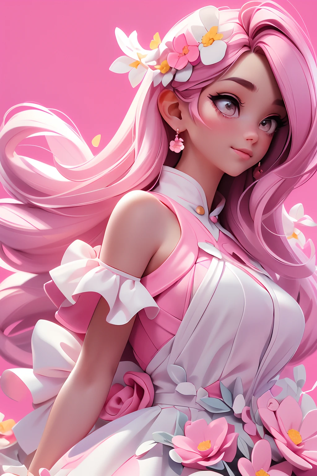 (Best Quality, Masterpiece), 1girl, Pose, Wind, Flower, Upper Body, White and Pink Color Scheme, Simple Background, Look at the Viewer