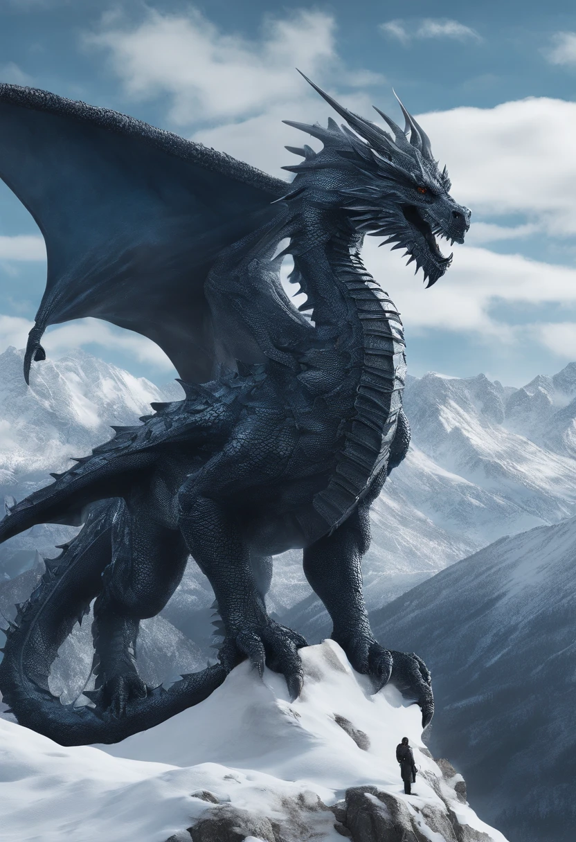 Dark Dragon of geo data over snowy mountains, blue sky, the style of detailed hyperrealism photoshoot