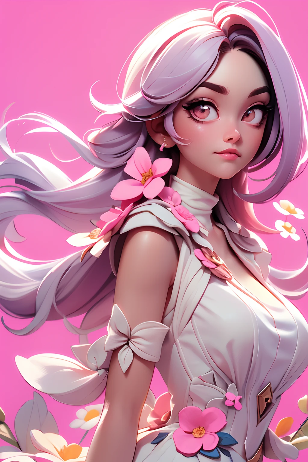 (Best Quality, Masterpiece), 1girl, Pose, Wind, Flower, Upper Body, White and Pink Color Scheme, Simple Background, Look at the Viewer