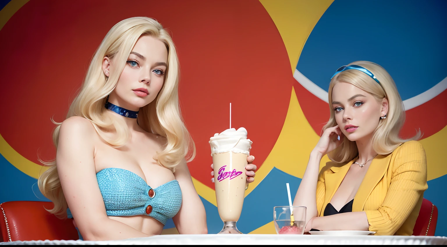 60's　retro-futuristic　1 woman, Photograph of a beautiful sexy and blonde hair swedish in colourful outfit, holding a BIG Milkshake in her hand, not looking at camera, looking at the milkshake smiling. Hyper realistic Face. (((In a sixties American pop art, dining setting))). Soft cartoon style. Wide Angle shot. long blonde hair  40k, photography, masterpiece, best quality, wes anderson style, pirelli calendar style, (1girl blue eyes and blonde hair long wavey, Margot Robbie's face), small breasts, assorted poses.