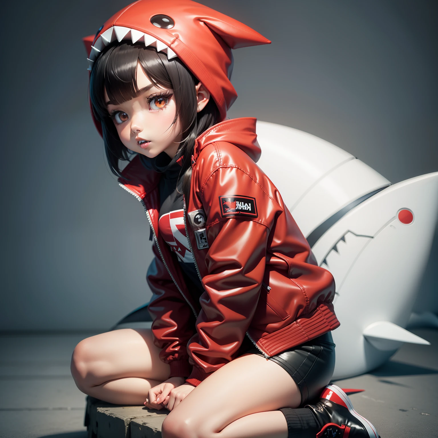 Chibi girl, sharp teeth, sit position, Complete broker, red cool jacket, Mega Mini, ninjartist, Shark hat, Shark tail, Shark costume, Hairstyle Bob, A dark-haired,