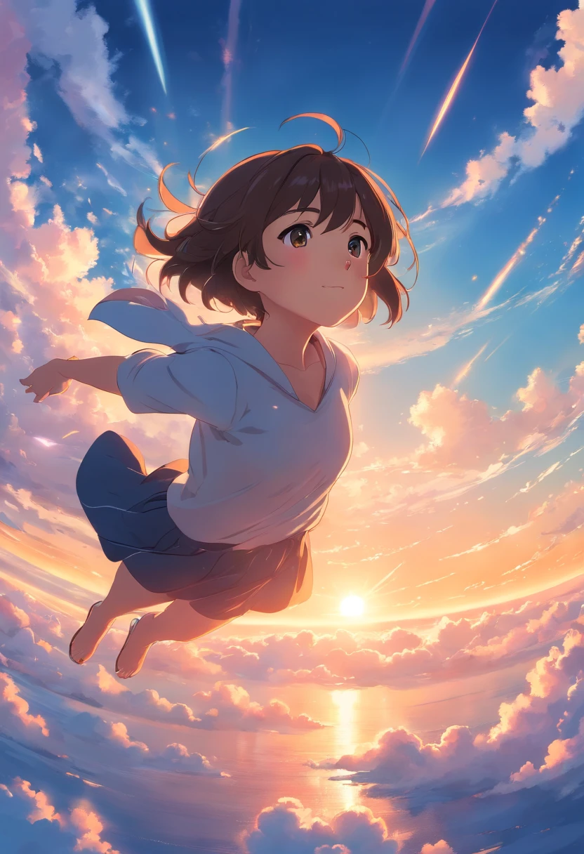 masterpiece, best quality, movie still, 1girl, cloud girl, floating in the sky, close-up, bright, happy, warm soft lighting, sunset, (sparks:0.7)