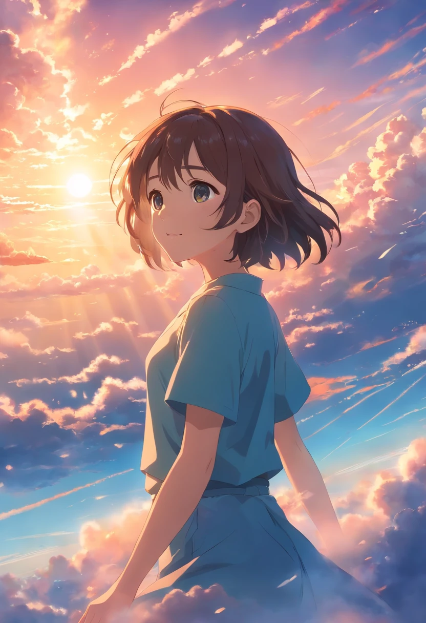 masterpiece, best quality, movie still, 1girl, cloud girl, floating in the sky, close-up, bright, happy, warm soft lighting, sunset, (sparks:0.7)