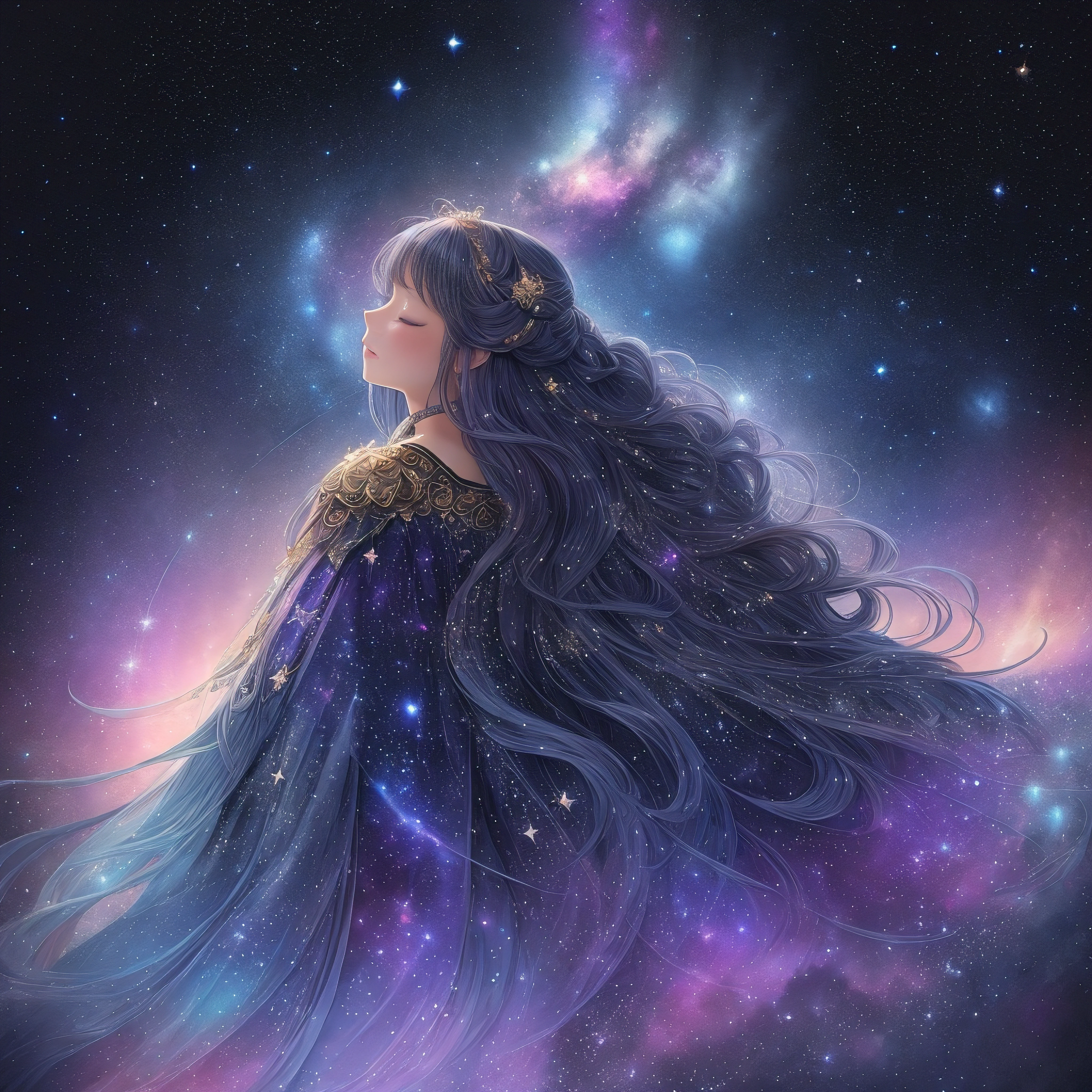Close up portrait of woman with long hair and purple dress, Close your eyes, anime girl with cosmic hair, Goddes of the Galaxy, her hair is the milky way, girl looks at the space, a beautiful artwork illustration, girl in space, goddess of space and time, beautiful celestial mage, anime fantasy illustration, magical fairy floating in space, Portrait of the Goddess of the Universe