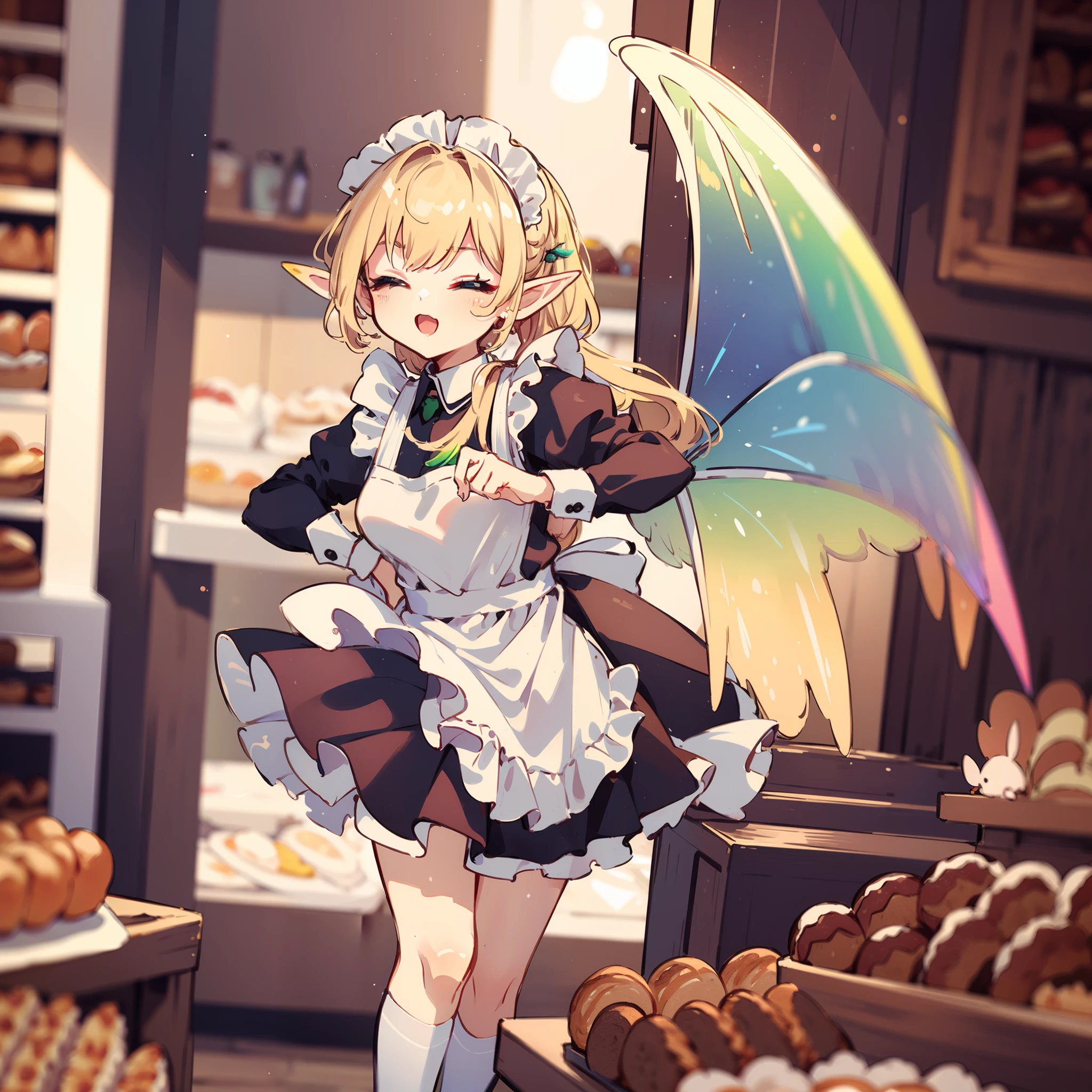 (very cute female child:1.5),(10 yo),(cute maid outfit:1.8),(wearing rainbow wings made of film:1.7),(wearing transparent fairy wings:1.5),(elf ear:1.5),(one eyes closed:1.3),BREAK (fantastic bakery:1.6),(stand in front of the grill),(have a turner),(ham and eggs:1.3),BREAK dynamic pose,dynamic angle, from side:1.7,full body shot, medium shot,BREAK (extremely detailed CG unity 8k portrait:1.3),(highly detailed fingers:1.3),(Masterpiece: 1.3),(ultra detailed face),(Exquisite Detail: 1.2),highly detail Eye,(Highest Quality:1.4), (Super-Resolution: 1.2),(super fine illustration:1.3), Eyelashes, Best Quality,super detailed skin,