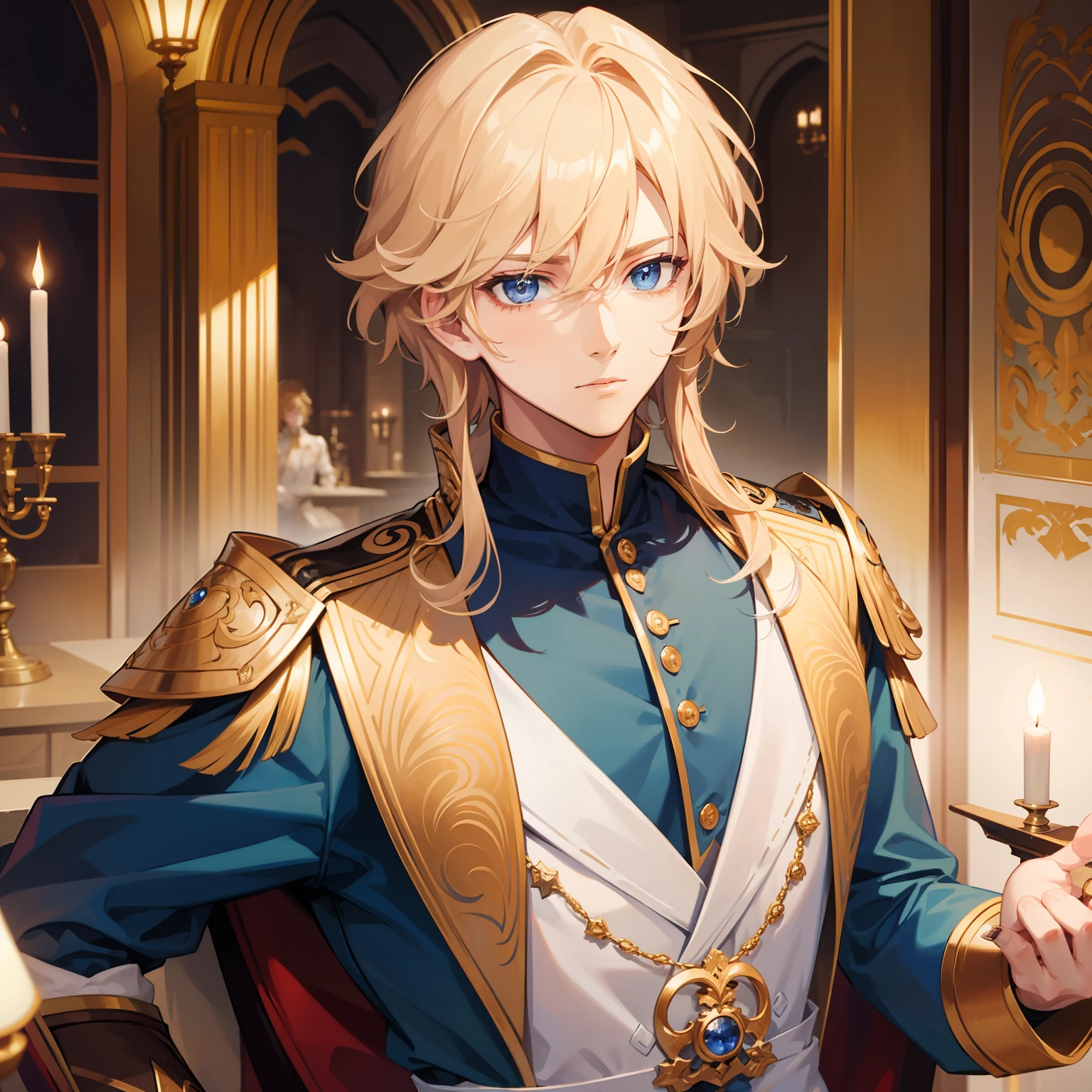 top-quality，One Boy，Prince，fluffy golden hair，shorth hair，Blue eyes，cool expression，manly face，Princely style clothing，Castles