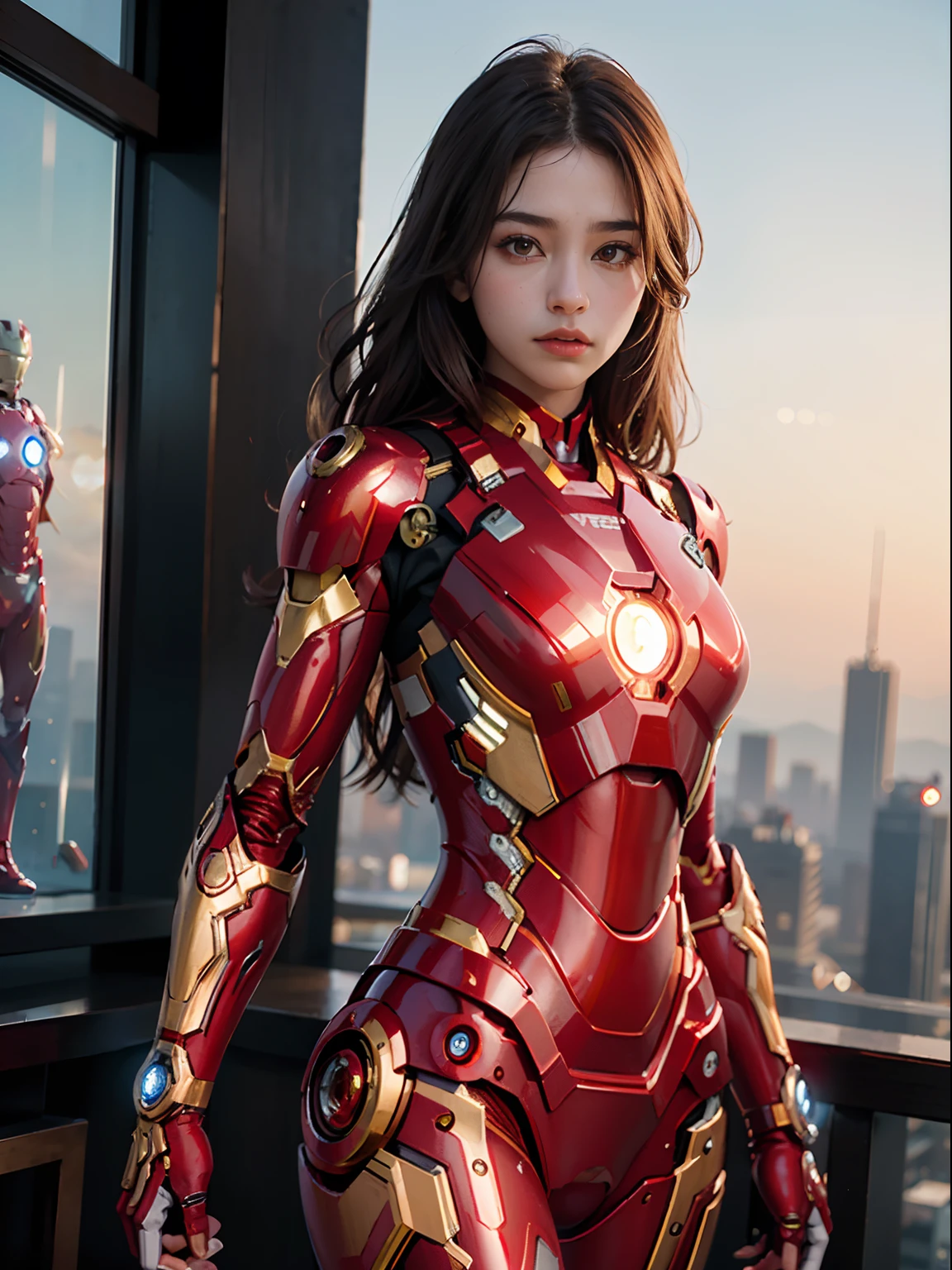 Textured skin, Super Detail, high details, High quality, Best Quality, hight resolution, 1080p, Gorgeous beauty、Girl with beautiful Iron Man body、(ironman) (red and gold)、Girl in Iron Man mecha