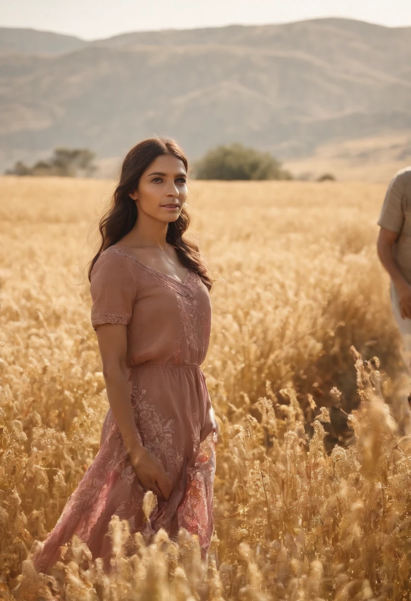 Cinematographer, ultra realista, toma de cuerpo completo, Ropa detallada, Rostros bellamente detallados, Ojos y cara extremadamente detallados, hermosos ojos detallados, (UHD, HDR, Altas Resoluciones, ultra detallado, Detalles intrincados, Efectos texturales, absurdos, obra maestra, 8k:1.2) Create a photo of a rural Peruvian family in a quinoa field on a sunny morning.