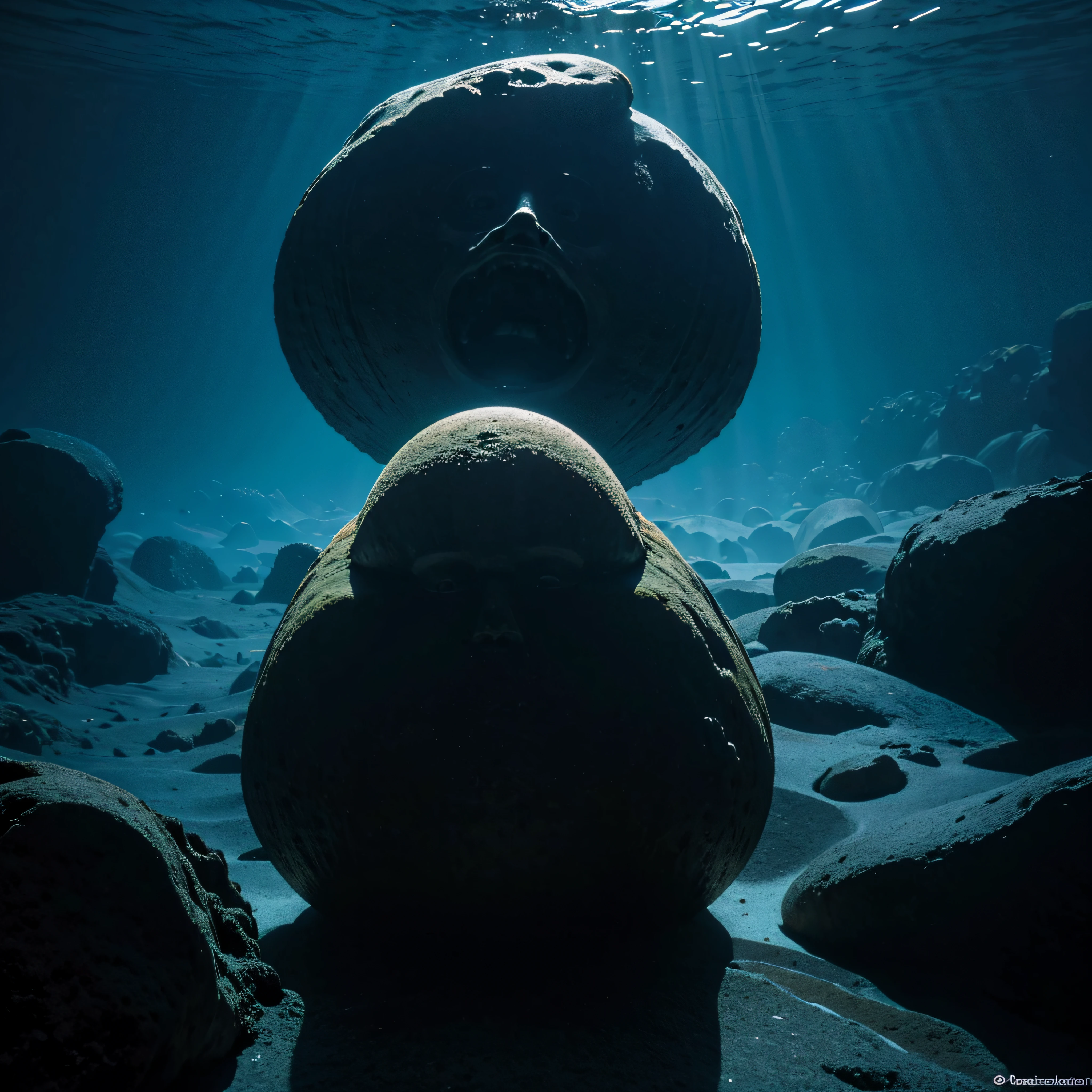 (extremadamente detallado, obra maestra, La mejor calidad, Under the Ocean), Estilo oscuro, volumetric illumination. textura de babosa, piel de caracol. ahogados flotando de fondo. Rococo composition.