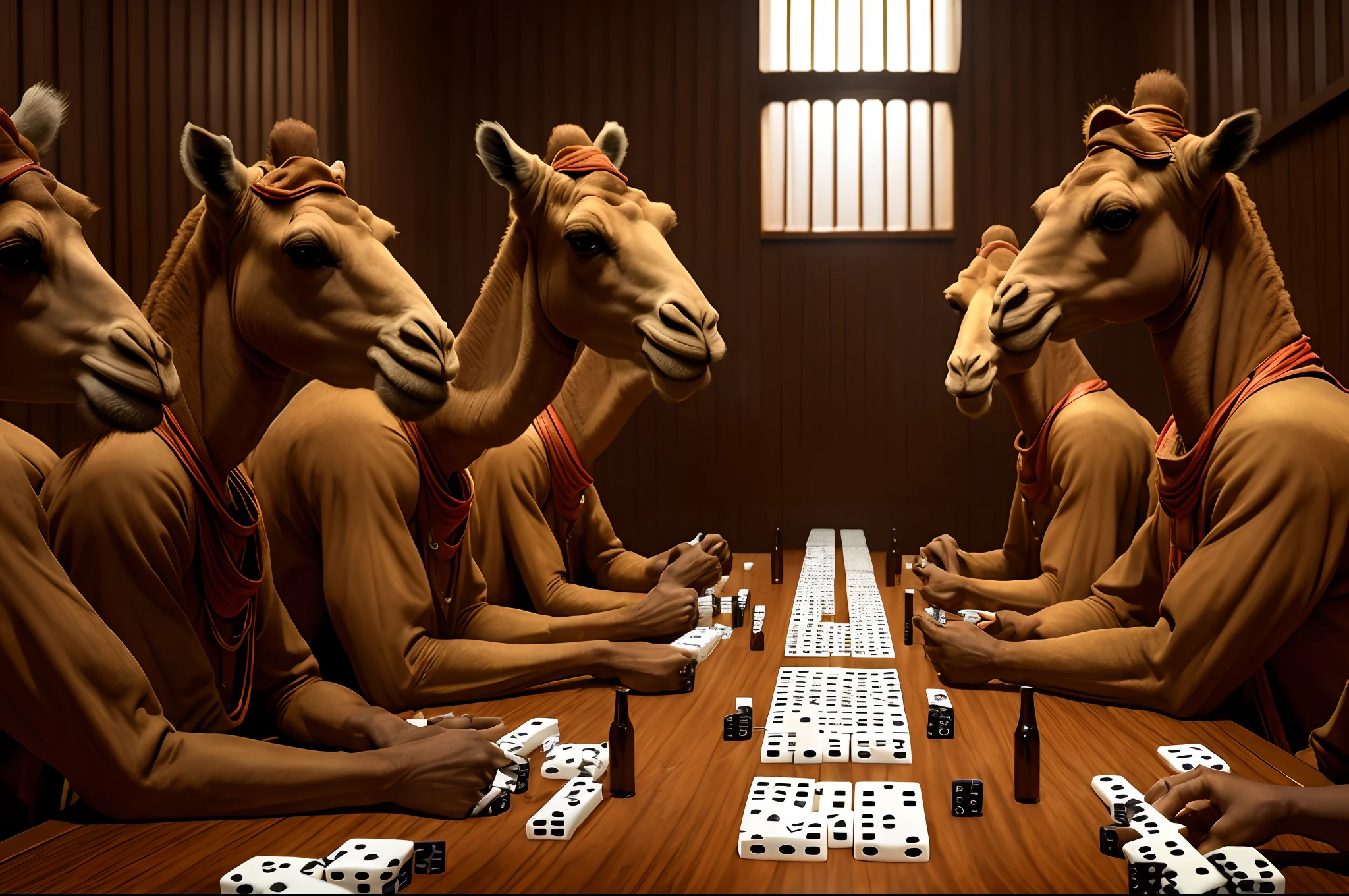 (   detailed  photo)    Humanoid camels as gangsters playing dominoes around a table in prison, dramatic lighting, 8k, high saturation --auto