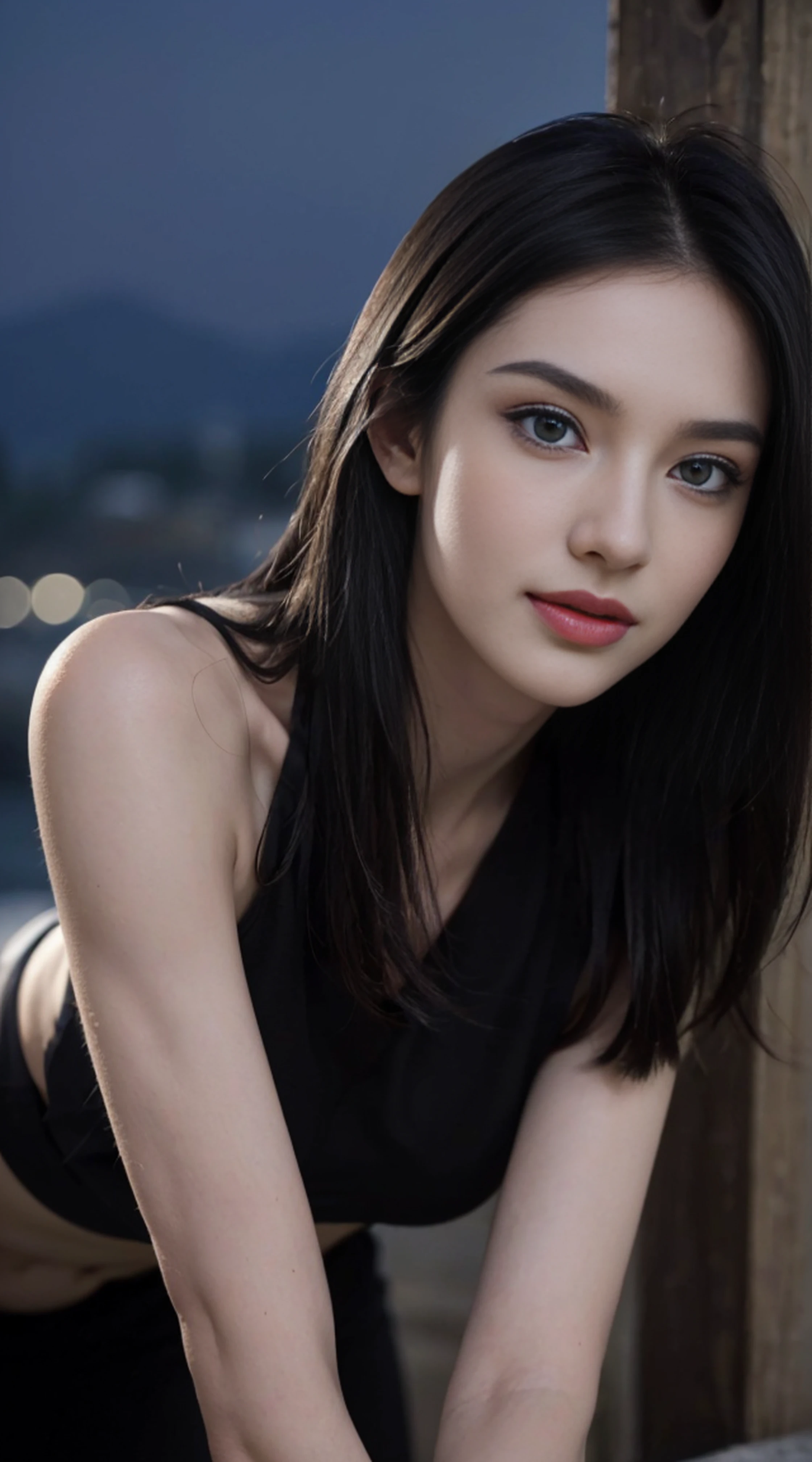 8K, Top Quality, Intricate Details, Ultra Detail, Ultra High Resolution, Masterpiece, random angle,  Slender, Smile, (Makeup: 0.4), (Fluffy Blue Eyes: 1.21), blue Eyes, looking at viewer, ((full body)), 1girl, solo, 1 girl, (( full body)), close up shot, , ((tall)), (((fit body))), (((slim face))), sharp face, sharp eyes, (((black hair, long hair, ))  (detailed face), sharp face, small lips, 
 (( crop top)),  detailed face, detailed breast, , large breast, detail ass, , Beautiful girl with accentuated slender abs: 1.4, Six Pack Abs: 1.4, Bust Botox, Big, Perfect Body, detail leg, (( moonlight)), top of mountain