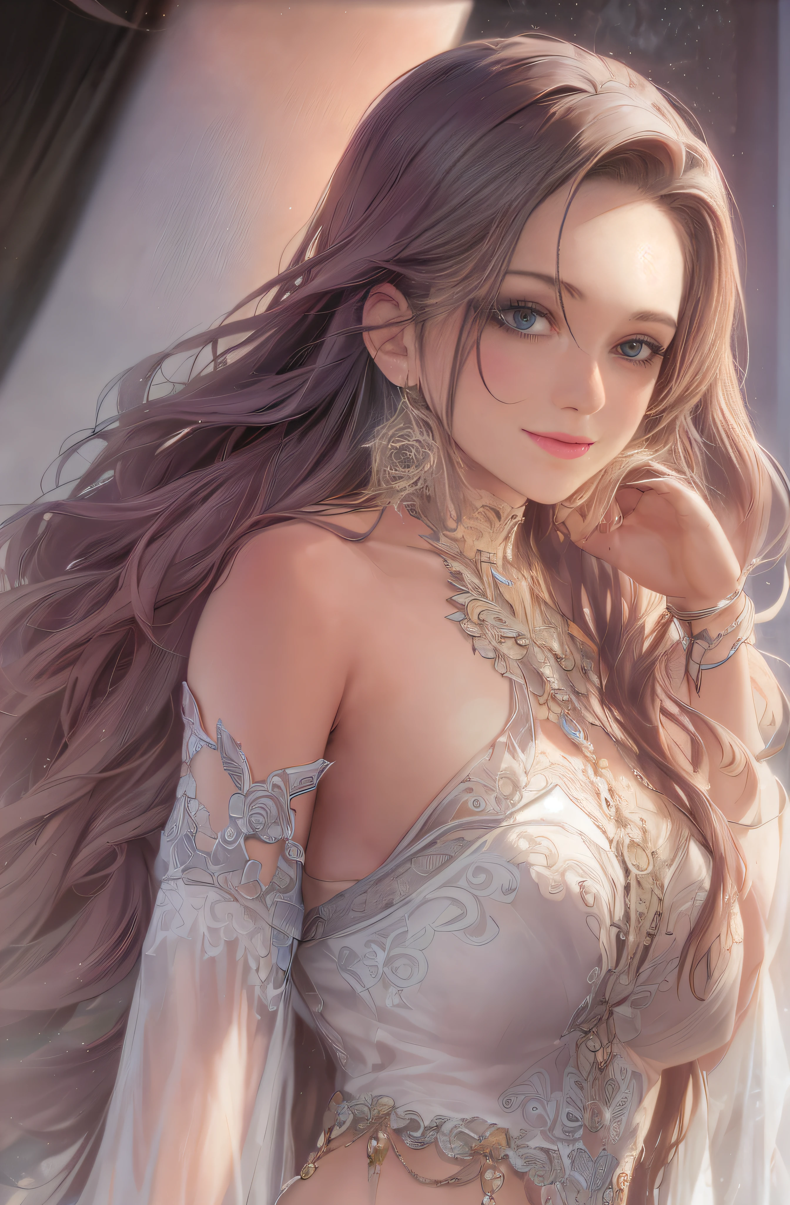 ((A sexy and beautiful woman sitting on top of me and looking down at me)), ((The cutest 22-year-old beauty)), ((Charming smile)), ((Very long hair) ), ((Revealing dress)), ((Abundant bust)), Gradient eyes, Seductive makeup, Single view, NFFSW, UHD, Retina, Masterpiece, Accurate, Anatomy, Scientifically correct, Texture skin, super detail, high detail, high quality, award winning, top quality, high resolution, 1080P, HD, 4K, 8k, 16k