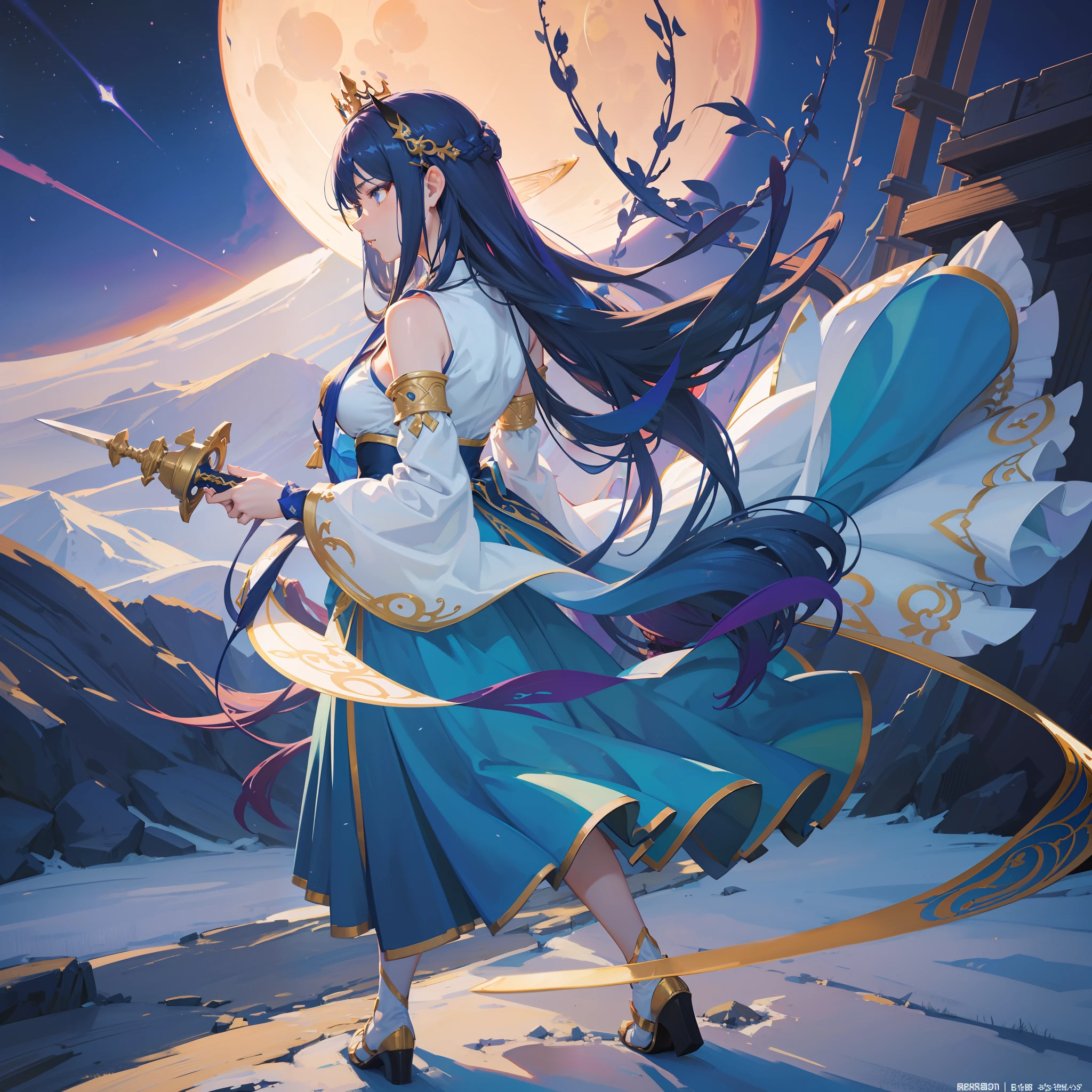 Sword girl in blue dress before the full moon, fairy tale fantasy, anime girl with long hair and blue skirt, beautiful girl with a crown ((a beautiful fantasy empress)), full body fairy swordsman, palace, girl in Hanfu, inspired by Lan Ying, fairy tale fantasy, fairy swordsman, Kurosawa Nishiya, beautiful figure painting