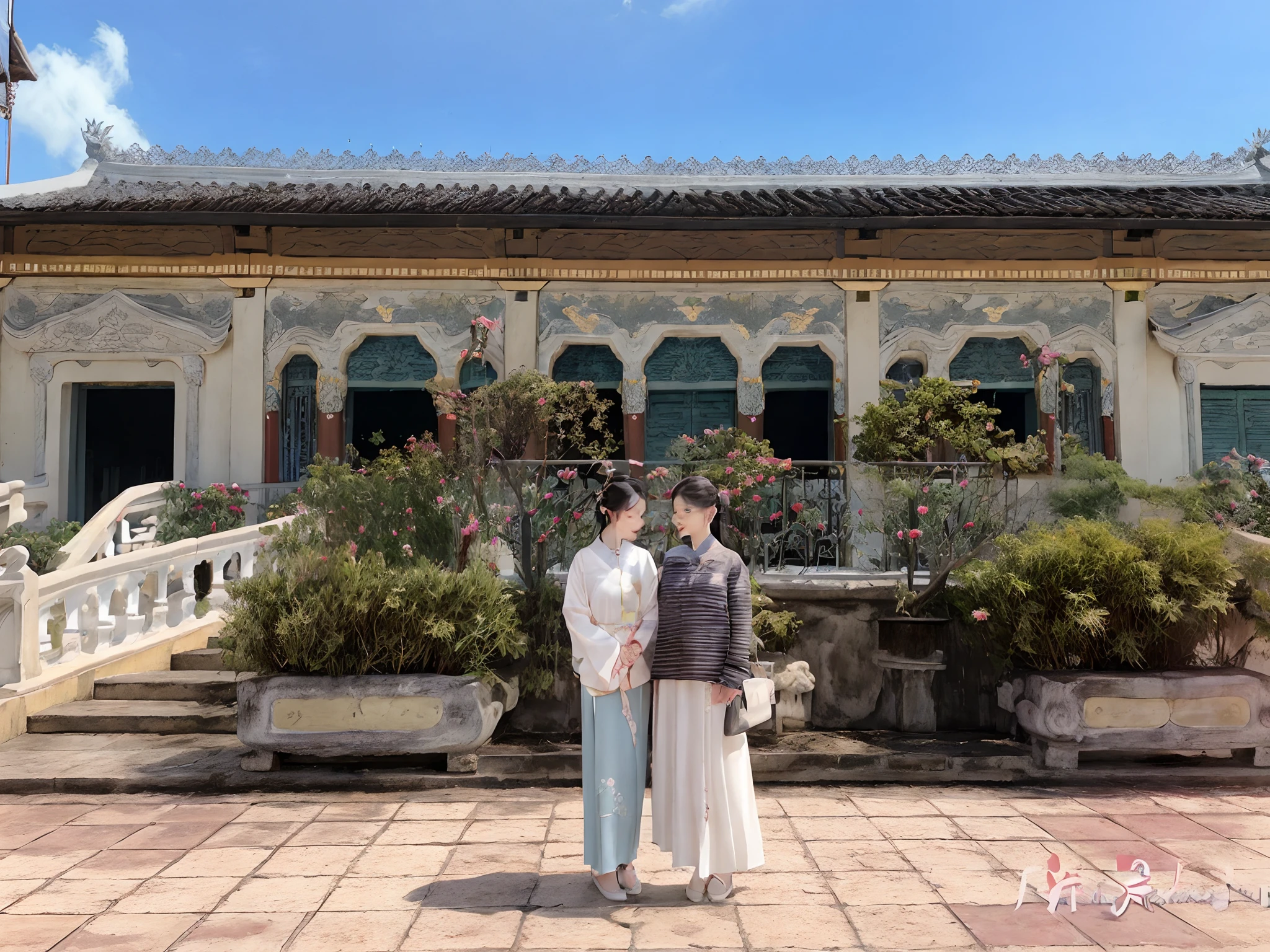 there are two women standing in front of a building with a balcony, with a chinese temple, in balcony of palace, tang dynasty palace, wonderful masterpiece, ao dai, profile image, dang my linh, by Liao Chi-chun, majestic masterpiece, beautiful image, with dong son bronze artifacts, postprocessed), happy!!!, at an ancient city, frontview