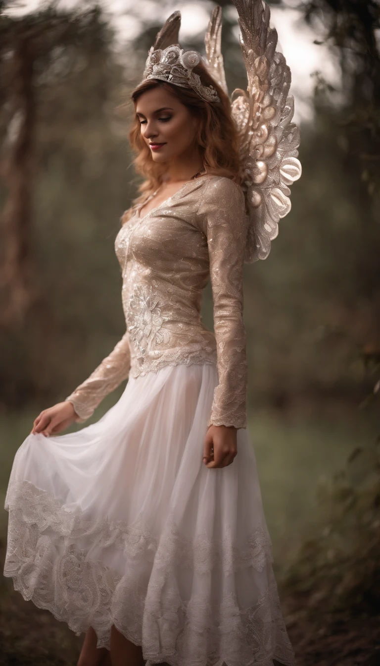 Cyborg, Girl, Beautiful girl, Cute, Sexy, Strong, Slender, Delicate, Smile, (Lolita costume), High legs, Metallic, ultra color, paisley, Headgear, mandalas, Near future, Heaven, angel, feater, wing, Helix lamp