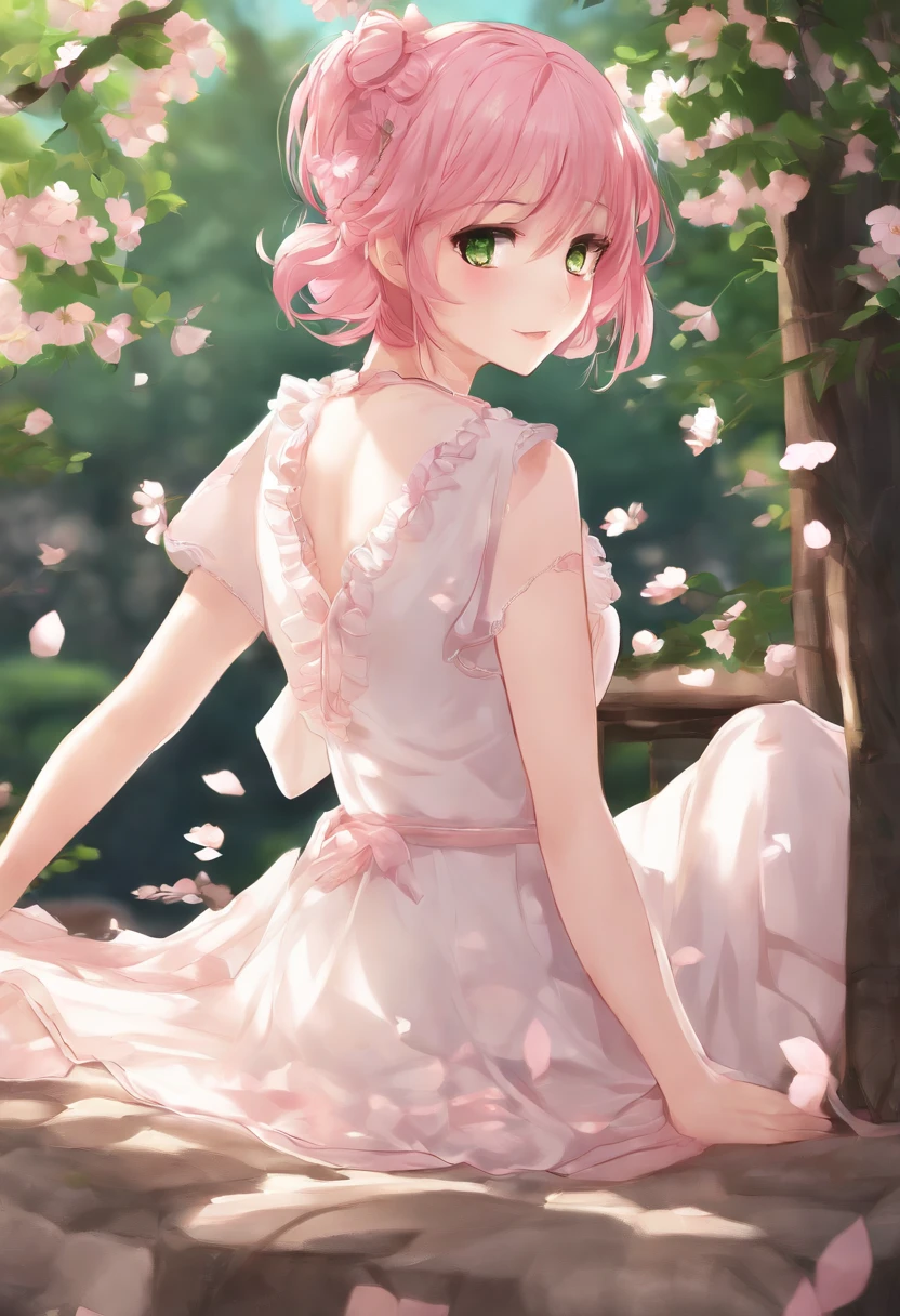 Anime girl with pink hair and green eyes poses for photo, Haruno Sakura, best anime 4k konachan wallpaper, Seductive Anime Girl, marin kitagawa fanart, sakura petals around her, splash art anime , anime style 4 k, anime moe art style, High quality anime art style, Detailed anime artwork, anime wallaper, Anime Best Girl