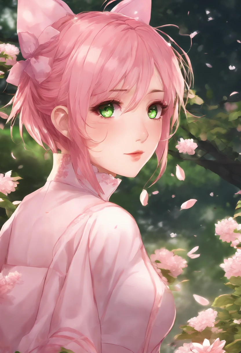 Anime girl with pink hair and green eyes poses for photo, Haruno Sakura, best anime 4k konachan wallpaper, Seductive Anime Girl, marin kitagawa fanart, sakura petals around her, splash art anime loli, anime style 4 k, anime moe art style, High quality anime art style, Detailed anime artwork, anime wallaper, Anime Best Girl