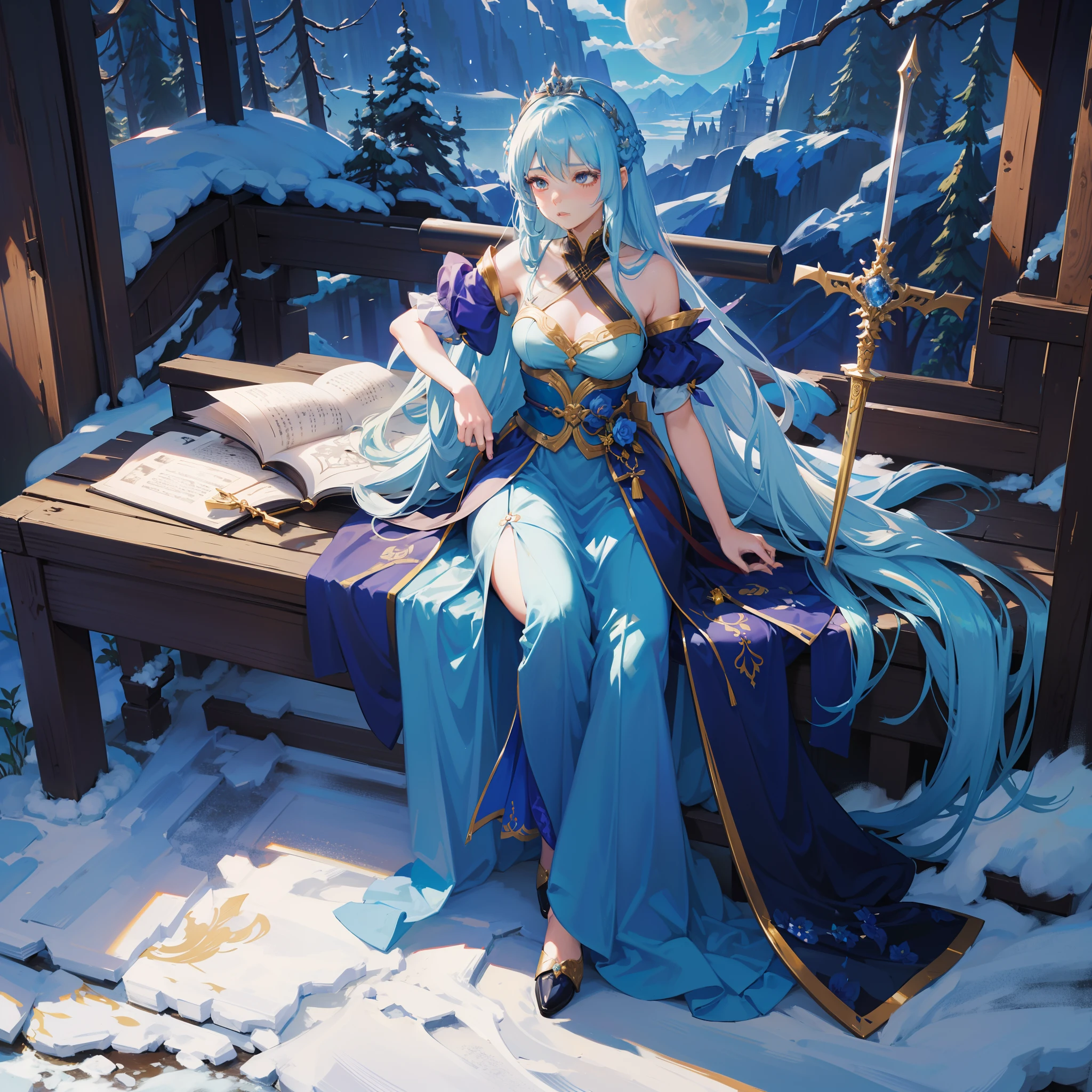 Sword girl in blue dress before the full moon, fairy tale fantasy, anime girl with long hair and blue skirt, beautiful girl with a crown ((a beautiful fantasy empress)), full body fairy swordsman, palace, girl in Hanfu, inspired by Lan Ying, fairy tale fantasy, fairy swordsman, Kurosawa Nishiya, beautiful figure painting