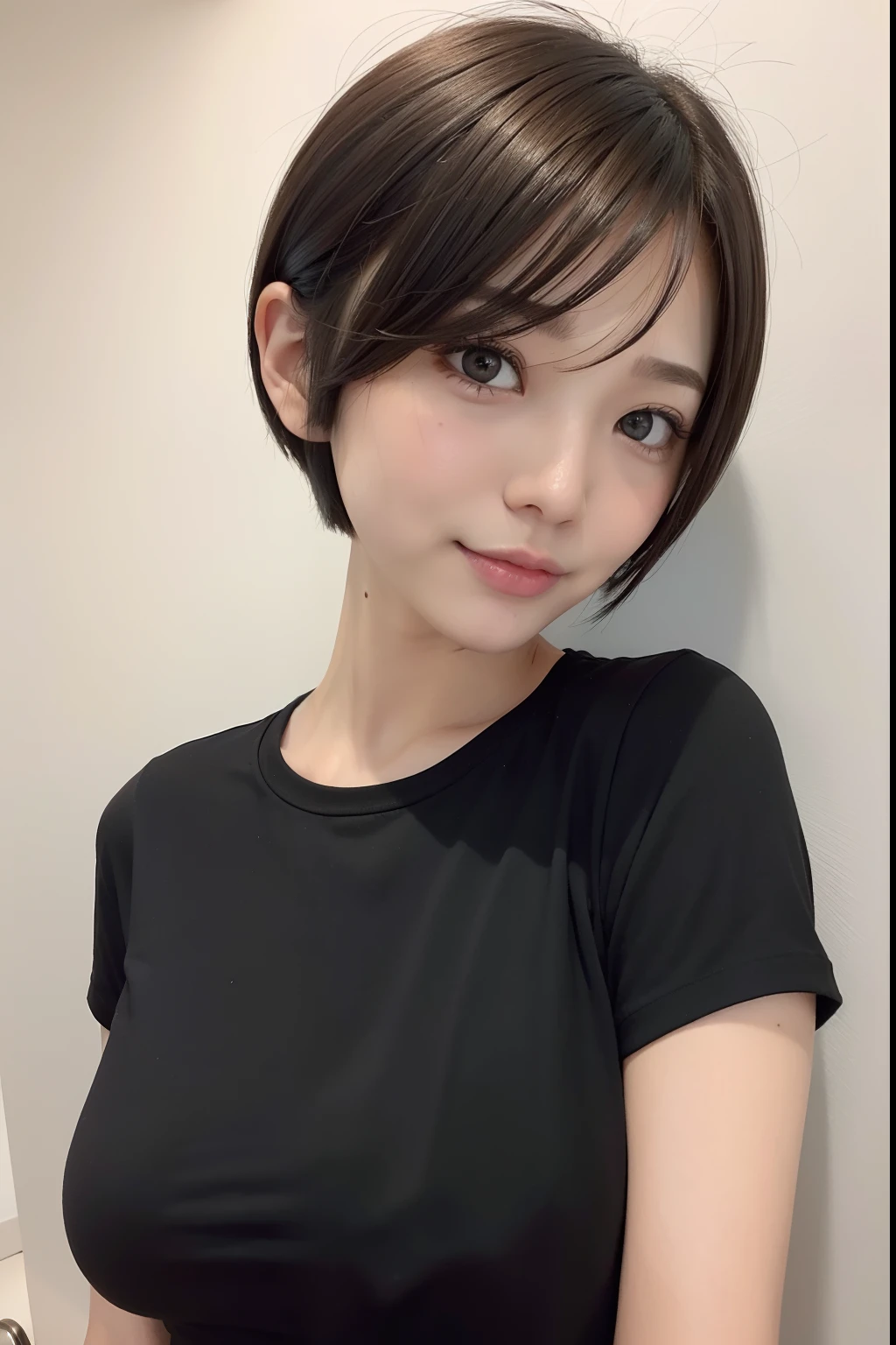 top-quality、8K、masuter piece:1.3))、1 female、A slender、tshirts、a beauty girl:1.3、(Hairstyle Veri Shorthair、Hair color is bright、High tone hair、Small breasts:1.2)、Plain clothes T-shirt:1.2、White wall background、hyperdetailed face、A detailed eye、Double eyelids、Cute smile、Hair Model Styles、Oblique face、Very short hairstyles、Shorthair、Mashed Hair、japanes、Like a real photo、Great piercings top quality、8k、masuter piece:1.3))、1 female、Background white wall、Slender T-shirt beautiful girl:1.3、(Hairstyle Short hair with movement、mash hair、extra very short hair、Very short、Hair color dark brown、small tits:1.2)、Plain clothes black T-shirt:1.2、Black clothe、inside the house、hyperdetailed face、A detailed eye、Double eyelids、Cute smile、Hair model style in beauty salon、Hair Models、Oblique front face、Fashionable、bustup、sideways Facing