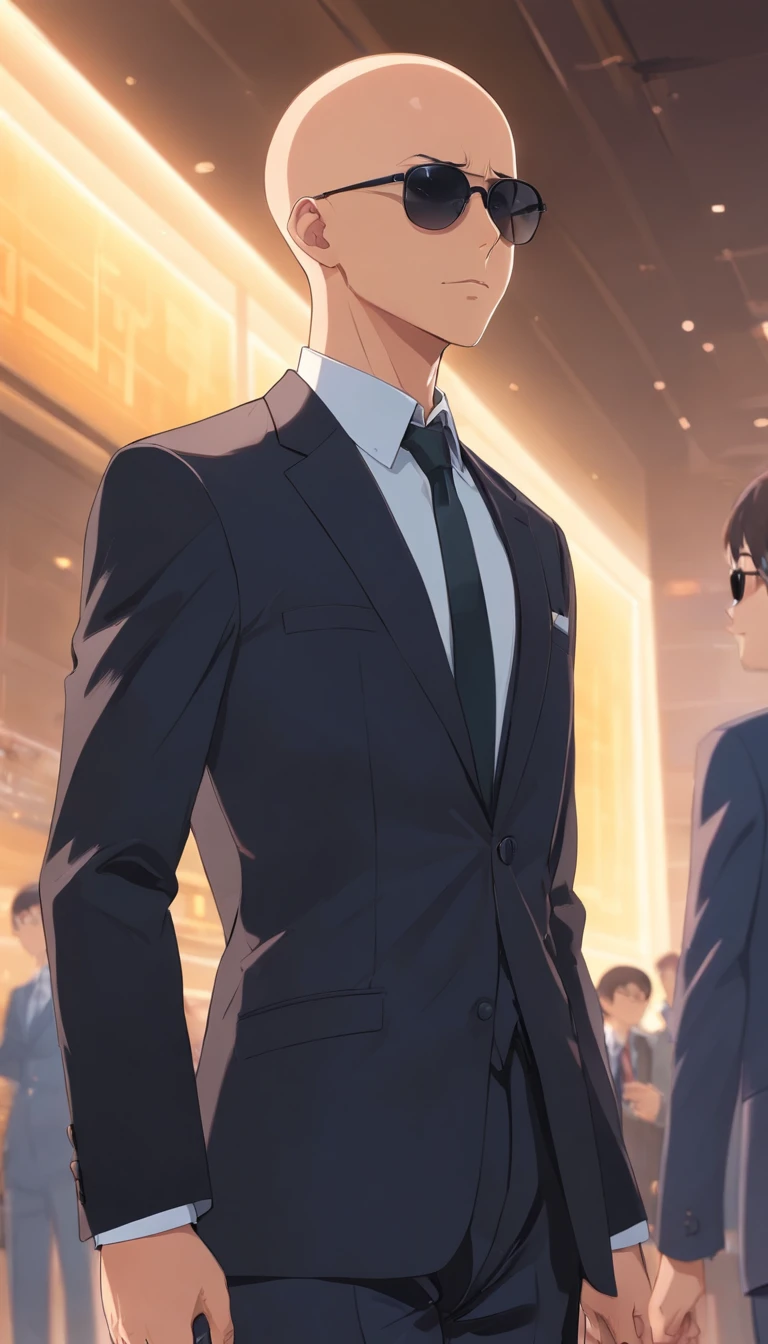 man,bald tall slim sexy in elegant black suit with black sunglasses