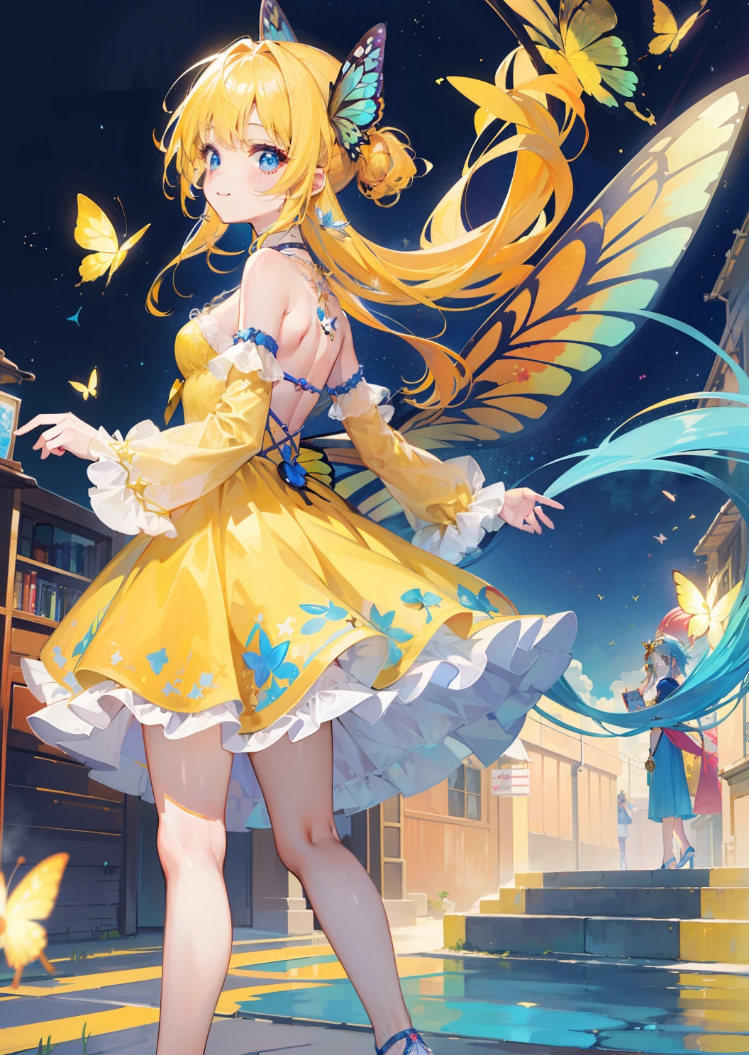 1GIRL,(top-quality:1.4、8K Super Detail CG Wallpapers)、(cute young girl、blue shiny eyes and long thick yellow hair:1.2), red huge dress,golden high heels、with floral pattern、over the shoulder view、pastel lively back alley in background,rainbow ballons,butterflies,pixie dust,masterpeace,happy face,happy smile,necklace,star choker,standing,long yellow dress,butterfly wings.