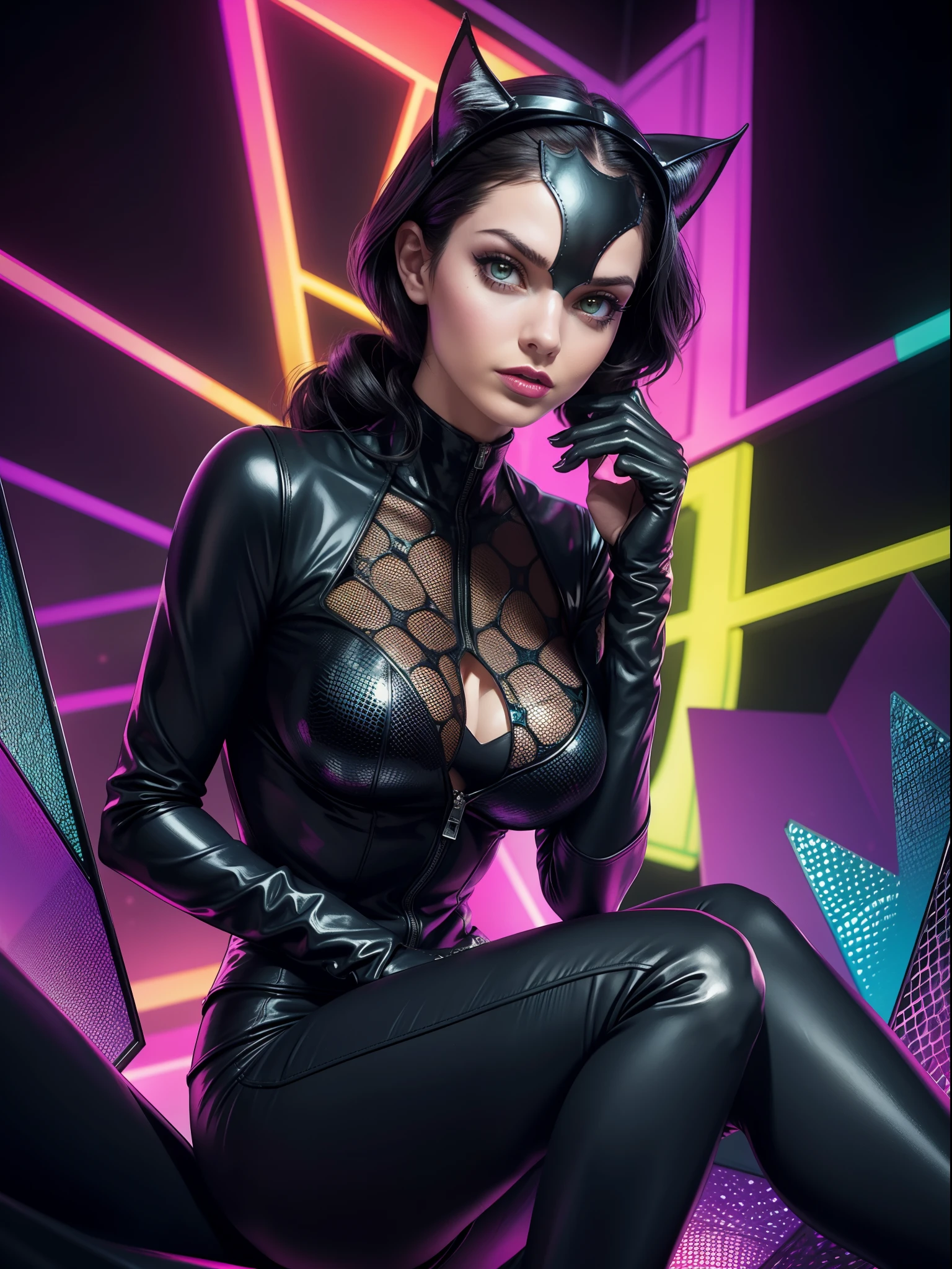 Catwoman from DC Comics, Masterpiece, Best quality, abstracted, Psychedelic, neonlight, (honeycomb pattern), (Creative:1.3), Sy3, SMM, Fantasy00d