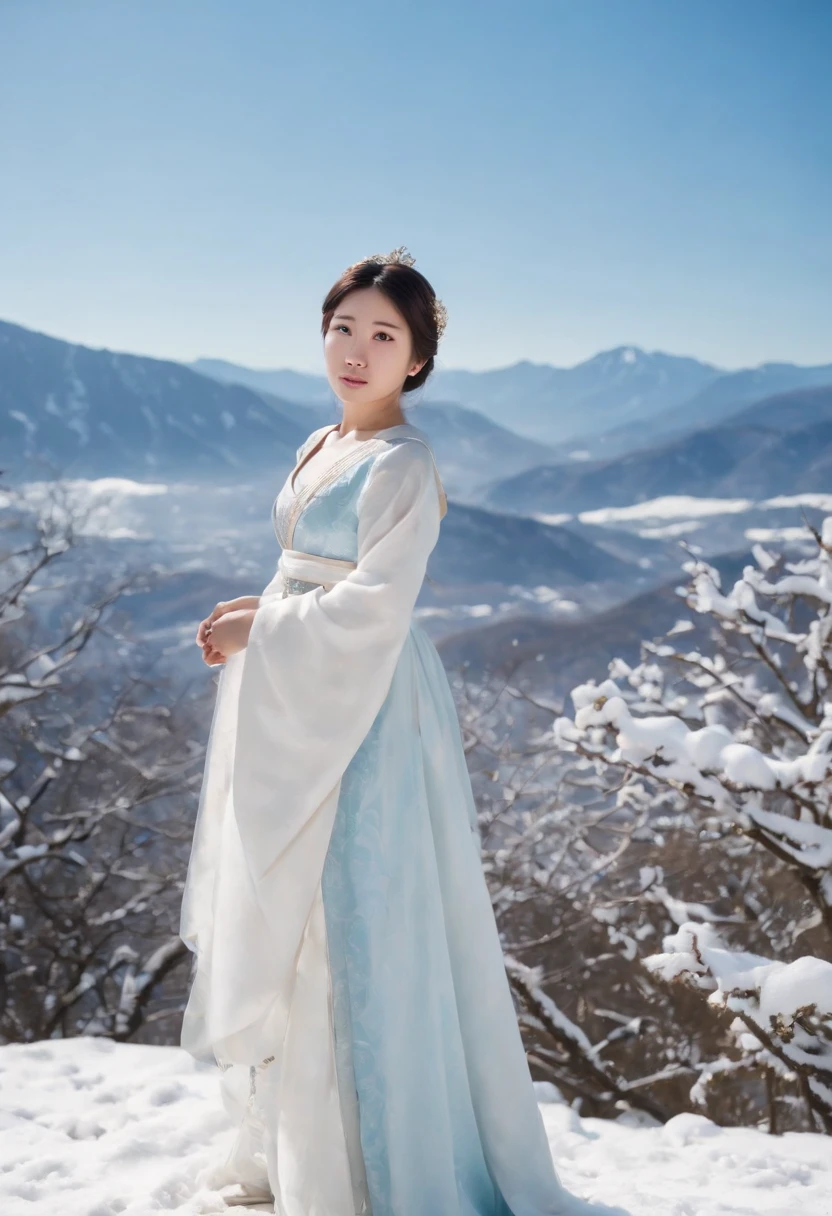 Princess Kikuri Hakuyama, a goddess standing in the sky above Mt. Hakusan that has become white with snow。Princess Kikuri's background is a cloudless blue sky。