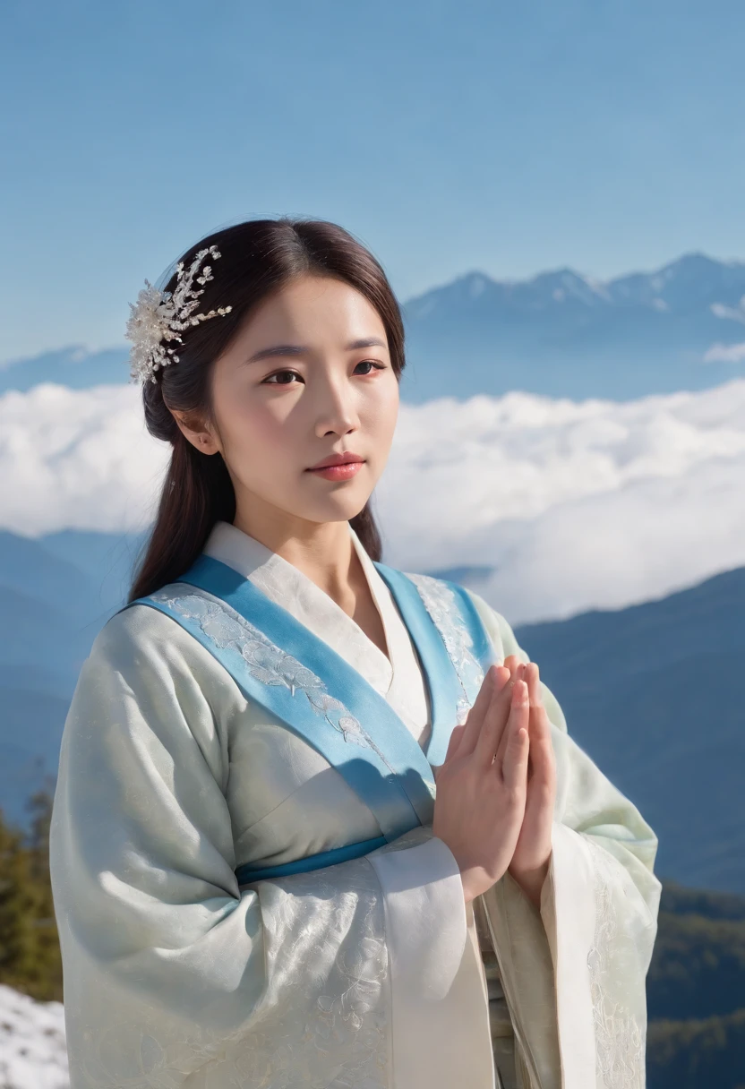 Princess Kikuri Hakuyama, a goddess standing in the sky above Mt. Hakusan that has become white with snow。Princess Kikuri's background is a cloudless blue sky。