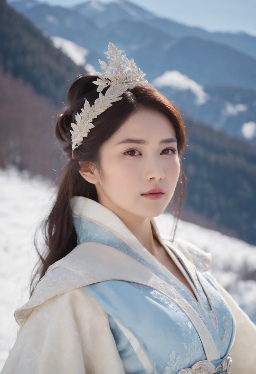 Princess Kikuri Hakuyama, a goddess standing in the sky above Mt. Hakusan that has become white with snow。Princess Kikuri's background is a cloudless blue sky。