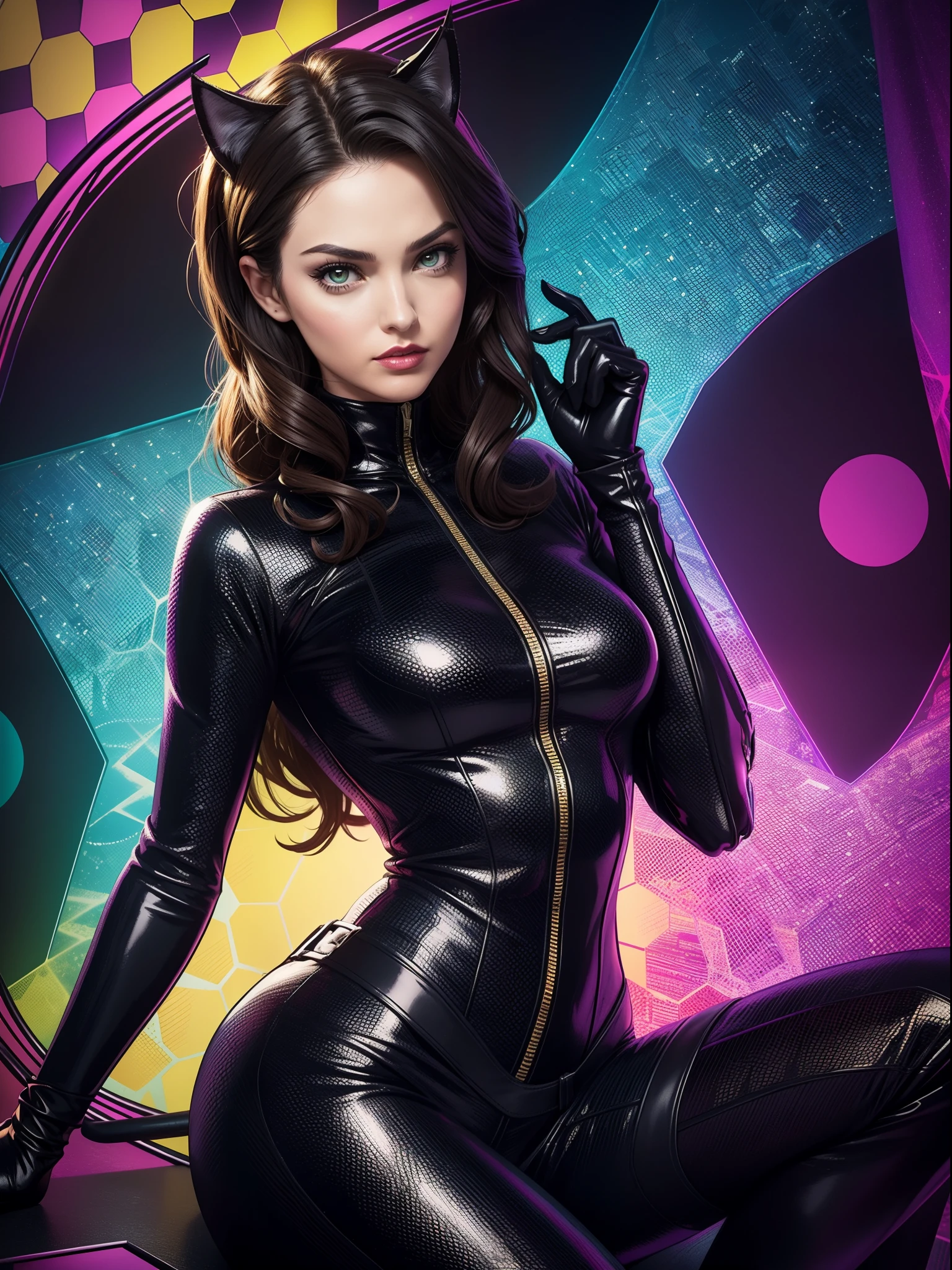 score_9_up, score_8_up, score_7_up, 1girl, solo, mature female, ((Anne Hathaway)), (((long loose brown hair))), brown eyes, red lips, parted lips, fit slim body,((perfect medium erected breast)), (((black catwoman tight suit, eye mask on her head))), ((concrete bunker with white neon lights)), ((highly detailed perfect straight face with cheekbones)), perfect model body, seductive pose,