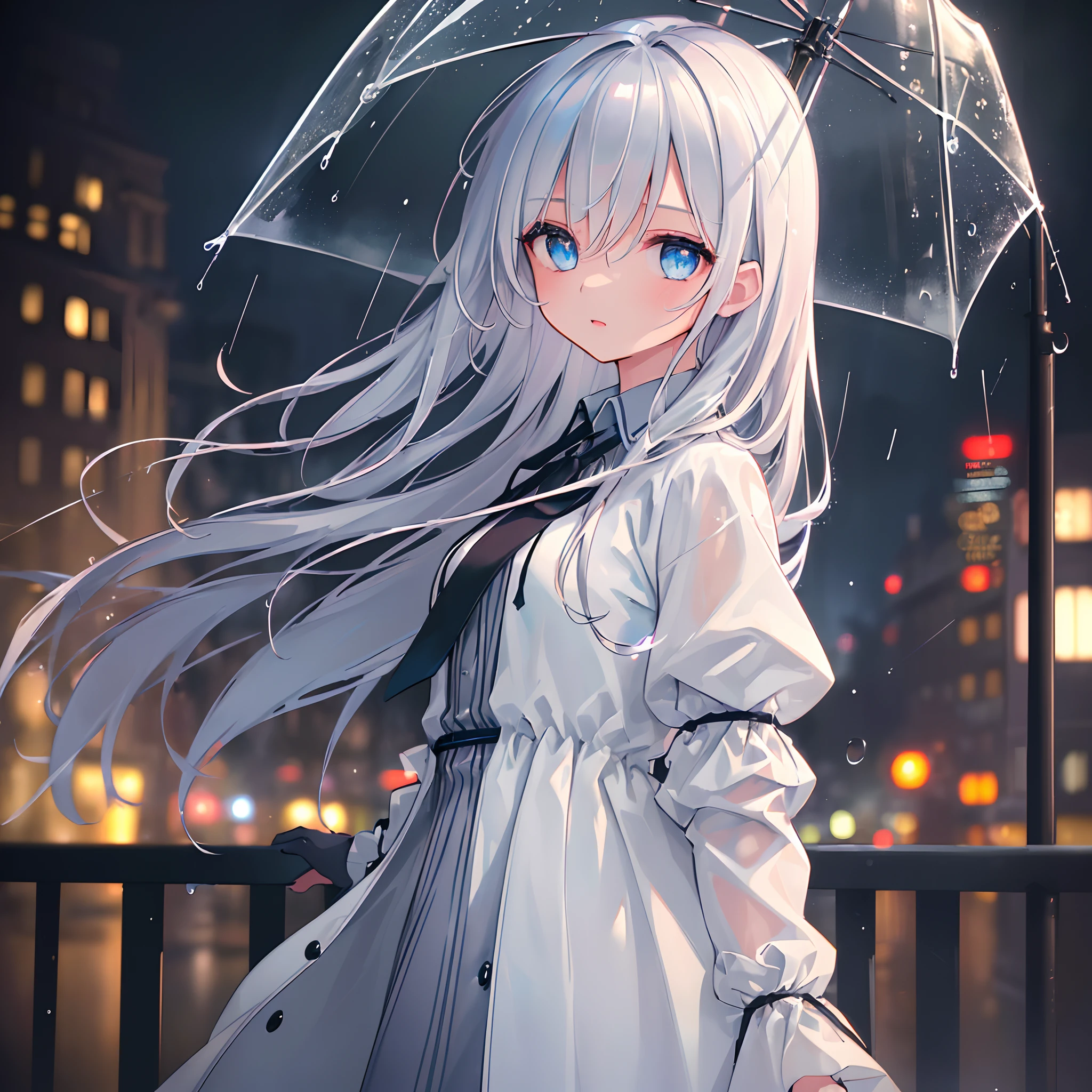 (masterpiece:1.21), (best quality:1.331), ((ultra-detailed)), ((extremely best illustration)), ((amazing)), (hyper quality), Gorgeous and rich graphics,
(extremely delicate and beautiful:1.21), 8k, wallpaper, (extremely beautiful lighting), hard light, delicate composition, (perfect conposition), (extremely beautiful and detailed background:1.21), rembrandt style expression of light and shadow, dark tone, (low-key and high-variance colorscale), ((depth of field)), deep shadow,
dynamic angle, from side, upper body, radial blur,
rain, (city lights, blurry background),
(1girl),(beautiful detailed eyes), clear blue eyes, long and silver french braid hair,
fatigues,
transparent raincoat, wet clothes and wet skin and dripping wet hair,
lens flare, string lights, street,, masterpiece, best quality,