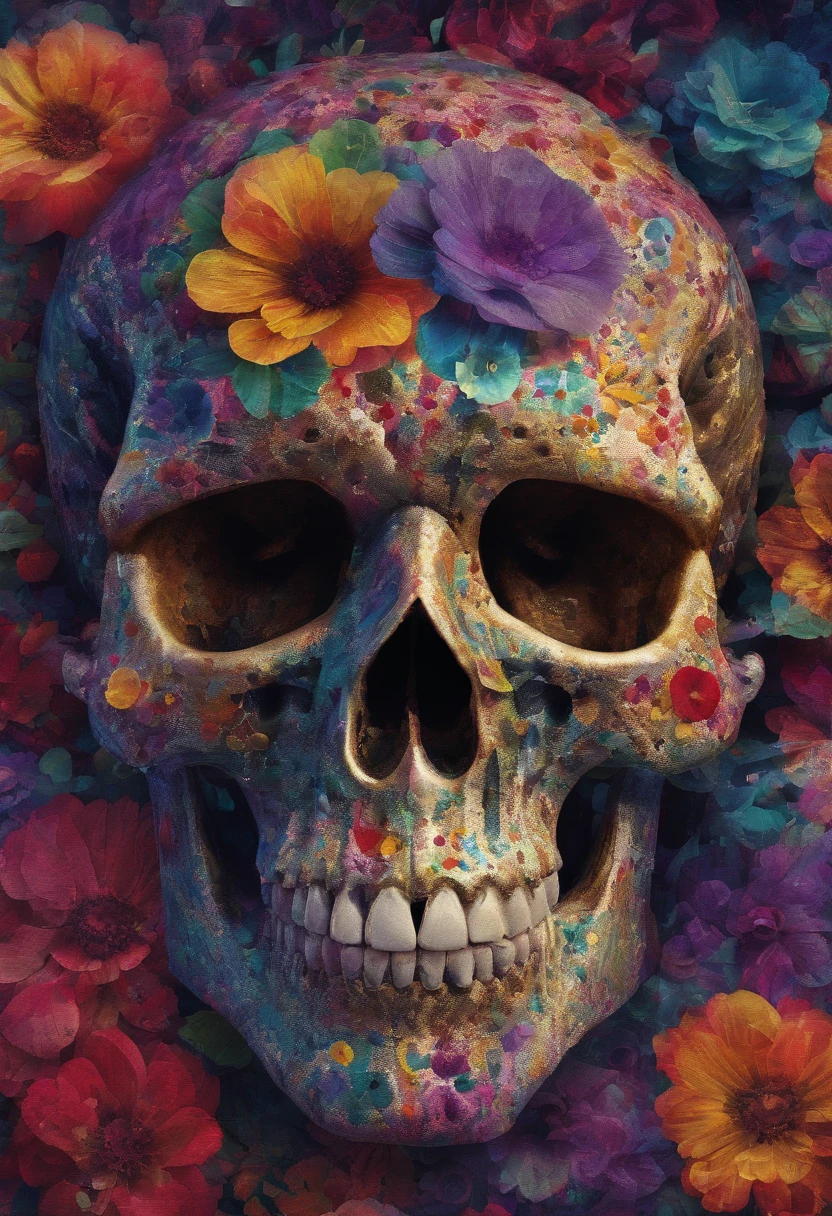 a close up of a skull with a flower on its head, fantasy skull, scary detailed art in color, scary color art in 4 k, sacred skull, conjuring psychedelic background, detailed digital artwork, calavera, sacred skulls, psychedelic illustration, sugar skull, skull face, death skull, scary art in color, skull liminal void background, psychedelic art style