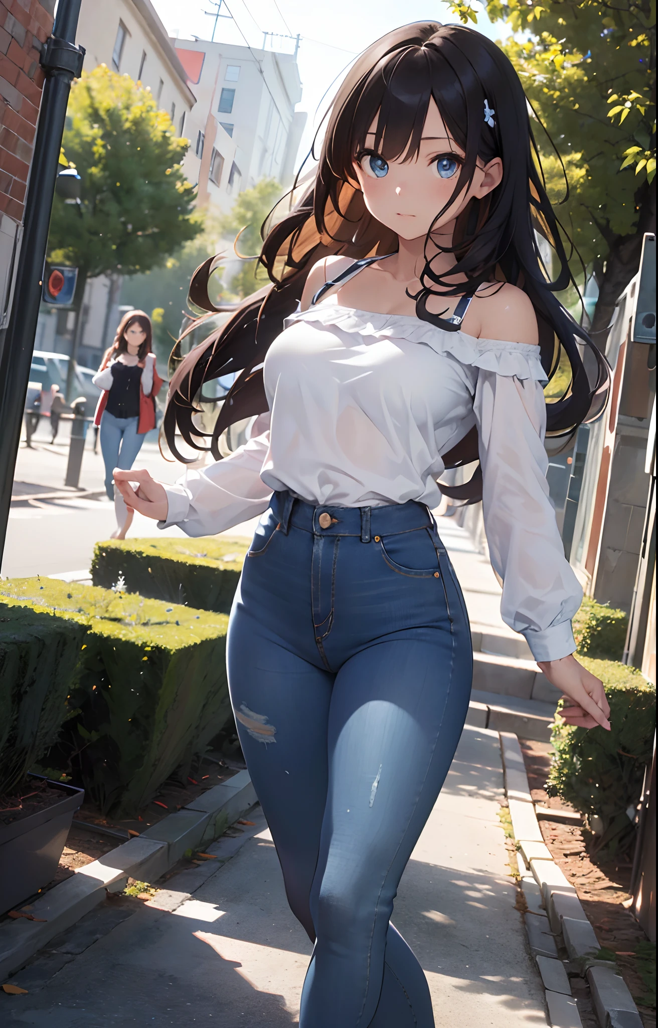masterpiece, extremery magnificent view, perspective, extremery best quality, extremery detailed CG, 8k wallpaper, high resolution, highly detailed face, highly detailed eyes, perfect anatomy, super detailed skin,
(dynamic angle), outdoors, park, tree and pond, (portrait, legs focus, full body), (beautiful face, beautiful eyes, beautiful legs:1.3), (((((pee stain))))), (have to pee, peeing self),
1 girl, solo, (white blouse, blue denim pants:1.3), worried, blush, bare shoulder, long sleeves, (skinny jeans pants:1.3), large breasts, brown hair, long hair, wavy hair, open forehead, blue eyes, skinny, slender, wide hips, thin waist