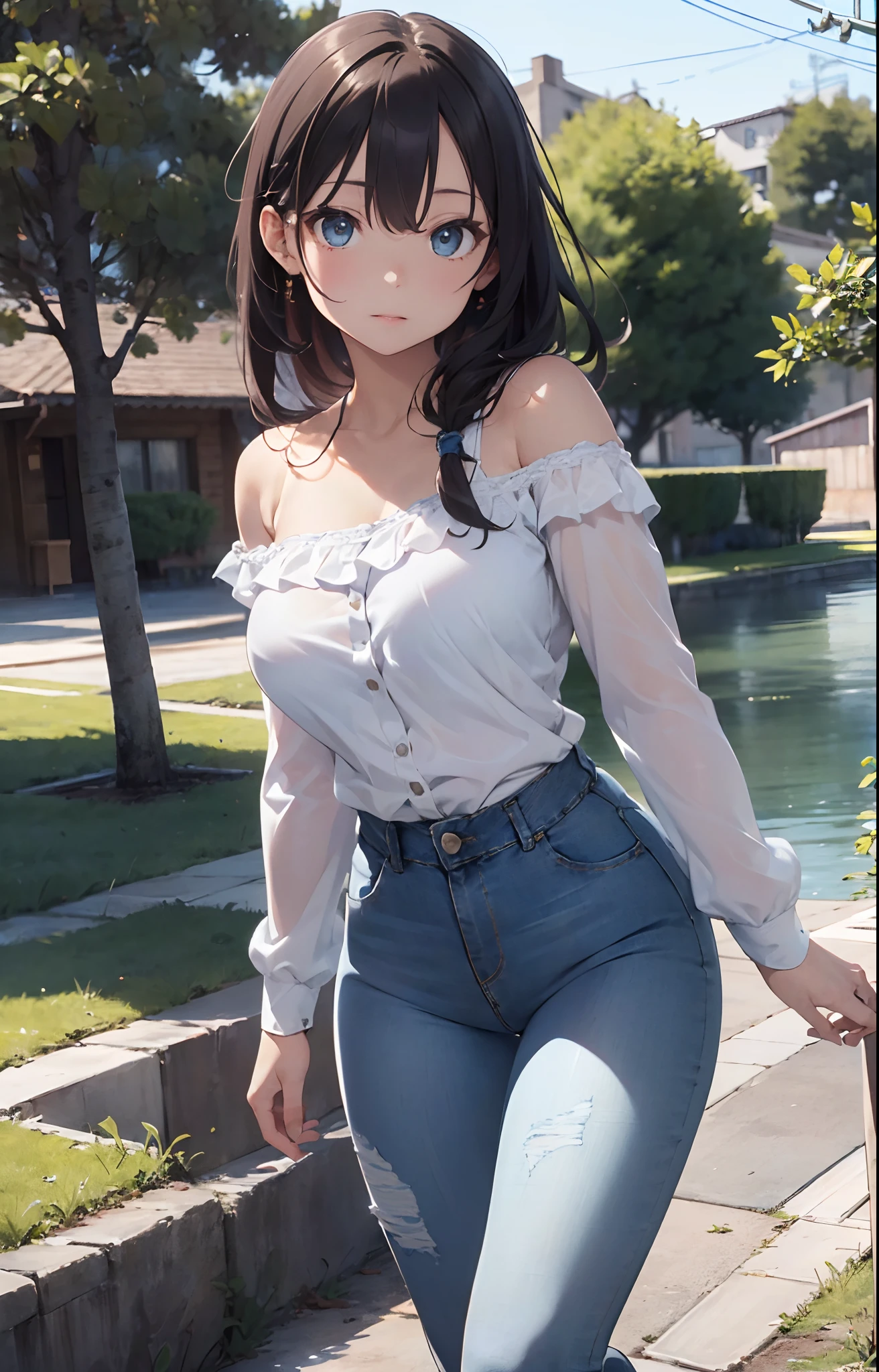 masterpiece, extremery magnificent view, perspective, extremery best quality, extremery detailed CG, 8k wallpaper, high resolution, highly detailed face, highly detailed eyes, perfect anatomy, super detailed skin,
(dynamic angle, dynamic pose:1.2), outdoors, park, tree and pond, (portrait, legs focus, full body), (beautiful face, beautiful eyes, beautiful legs:1.3),
1 girl, solo, (white blouse, blue denim pants:1.3), bare shoulder, long sleeves, (skinny jeans pants:1.3), large breasts, brown hair, long hair, wavy hair, open forehead, blue eyes, skinny, slender, wide hips, thin waist