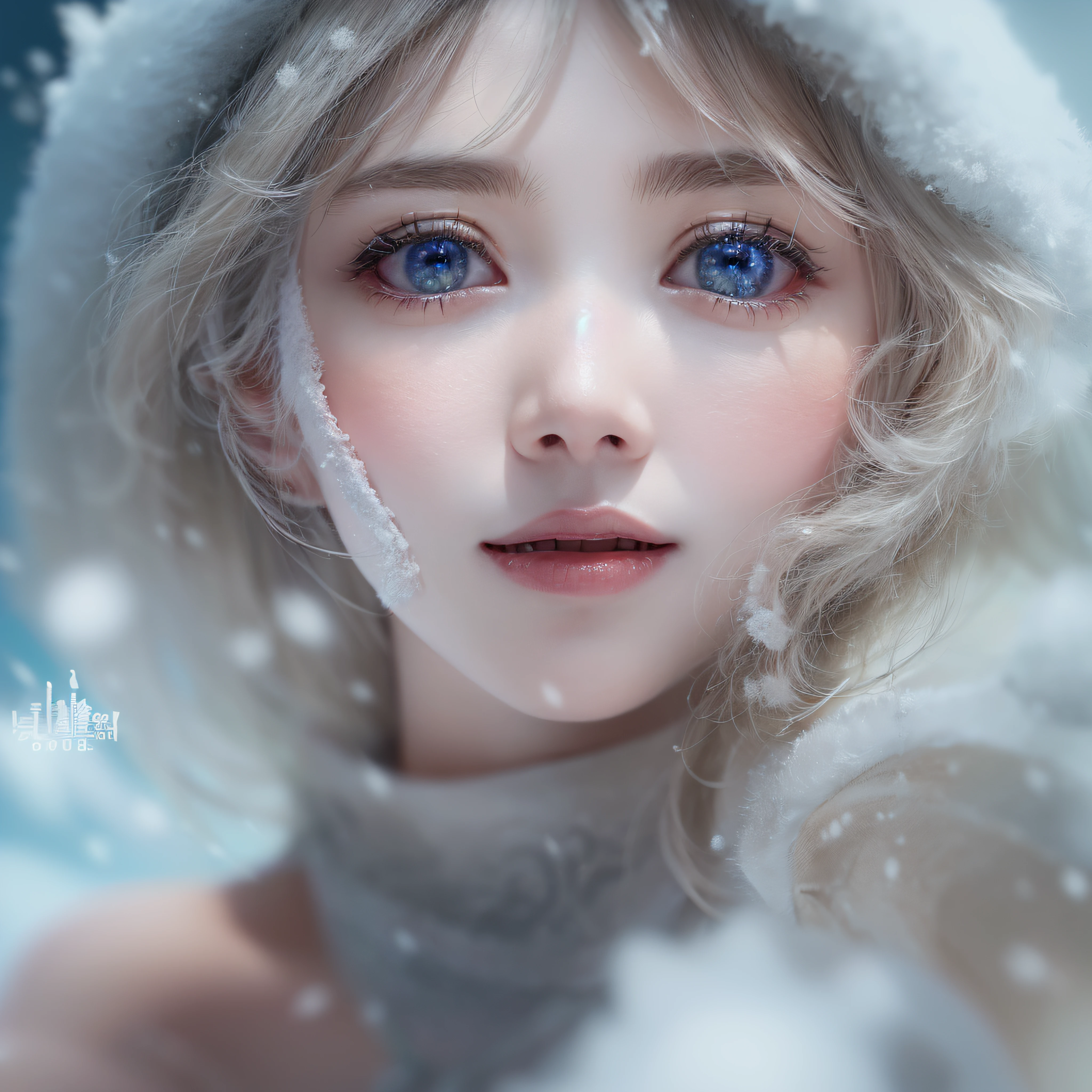snowscape、Snow powder、Close up of smiling looking up、Close up of smiling looking up、Close up of smiling looking up、Facing the front、(masterpiece、realisitic、hight resolution)、(1 girl in):1.2)、Do-Up Eye、Korean Girl、(Best Quality), (masutepiece), (1girl in), Solo, Beautiful Girl, Perfect face, Big Breast,dreamlikeart、Highly detailed airbrush art(((Surreal))、intricate detailes、Volumetric lighting、(masterpiece:1.2)、(top-quality)、The ultra-detailliert、(The composition of the movement:1.4)、Highly detailed colorful details、(Bright lighting、Atmospheric lighting)、Magical、dynamic compositions、Ray traching、The mirror reflects light、Shallow depth of field、ultra-detailliert、mixing exposure、nffsw、Super masterpiece、Her eyes are glowing red、Silvery hair、Her face is full of anticipation and courage for adventure.、A smile comes to her lips、An air full of smiles and adventurous spirit、At the rear、Powder snow is falling on the snowy mountains。Its light brings the light of powder snow、Swaying powder snow creates a beautiful scenery..。Her courage and determination are condensed.、Eye-catching presence。Her eyes are shining。Powder snow、Powder snow