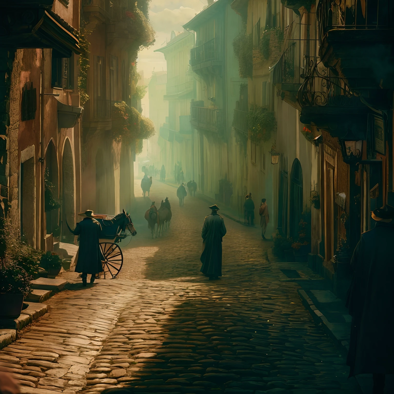 There's a man walking down a cobblestone street with a horse-drawn carriage, inspirado por Carl Spitzweg, Karl Spitzweg. Motor irreal, Estilo de Raphael Lacoste, As ruas de Baldur's Gate, inspirado em Raphael Lacoste, Estilo de Marc Simonetti, Directed by: Andreas Rocha, Directed by: Raphael Lacoste, Pintado por Andreas Rocha, cinematic