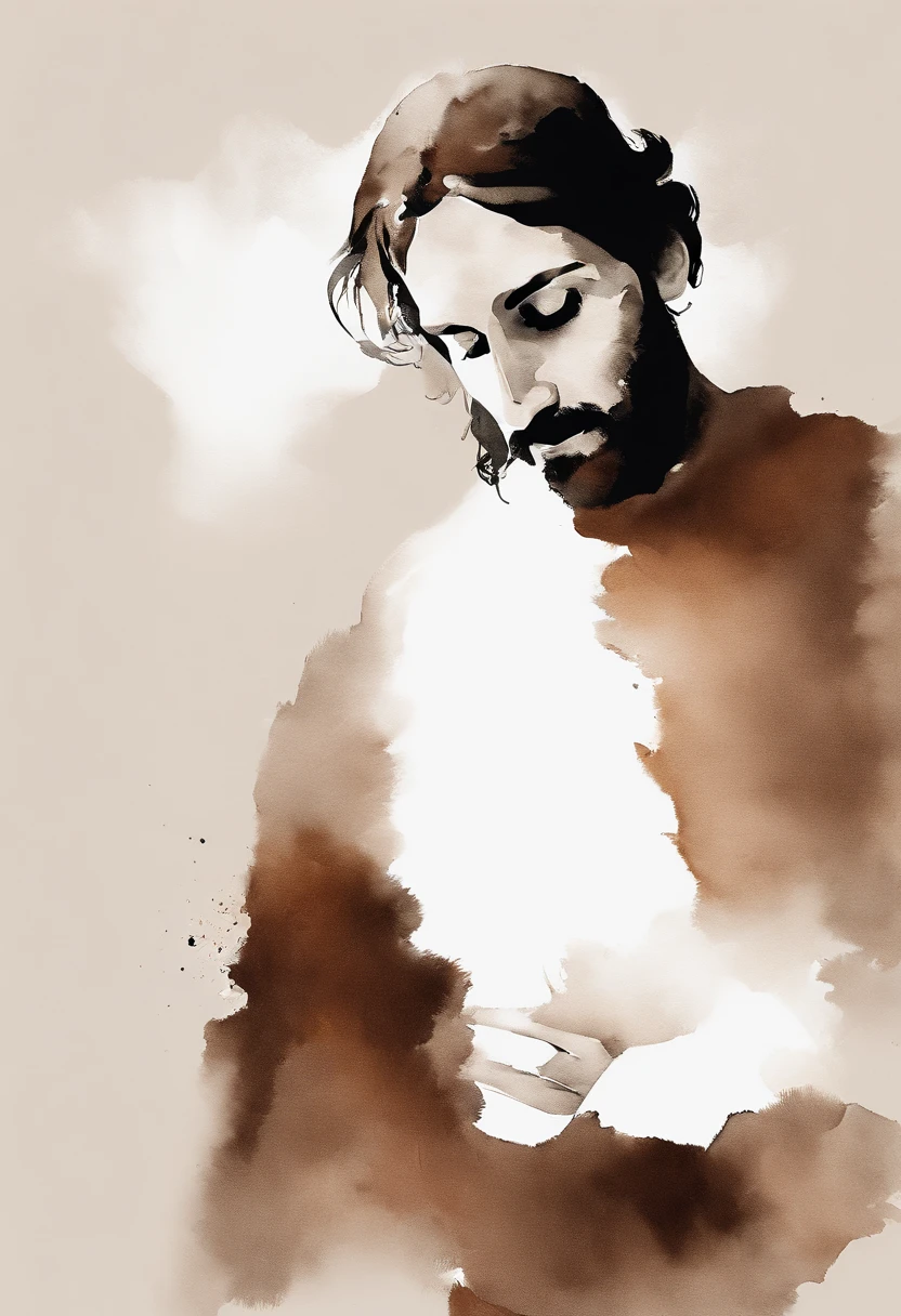 (respingo de tinta, pingos de tinta, splatter de tinta), tinta marrom, monocromatic, shades of brown and red, Aquarela, pinceladas largas, faca de paleta, non-portrait painting of Jesus Christ, Olhos detalhados, ((olhos pretos)), cabelos escuros, hands hidden, fundo branco, tela branca, criativo, arte da camiseta, arte vetorial.