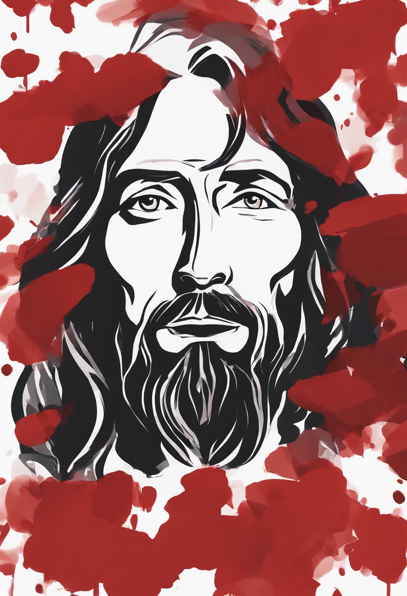 (respingo de tinta, pingos de tinta, splatter de tinta), tinta marrom, monocromatic, shades of brown and red, Aquarela, pinceladas largas, faca de paleta, non-portrait painting of Jesus Christ, Olhos detalhados, ((olhos pretos)), cabelos escuros, hands hidden, fundo branco, tela branca, criativo, arte da camiseta, arte vetorial.
