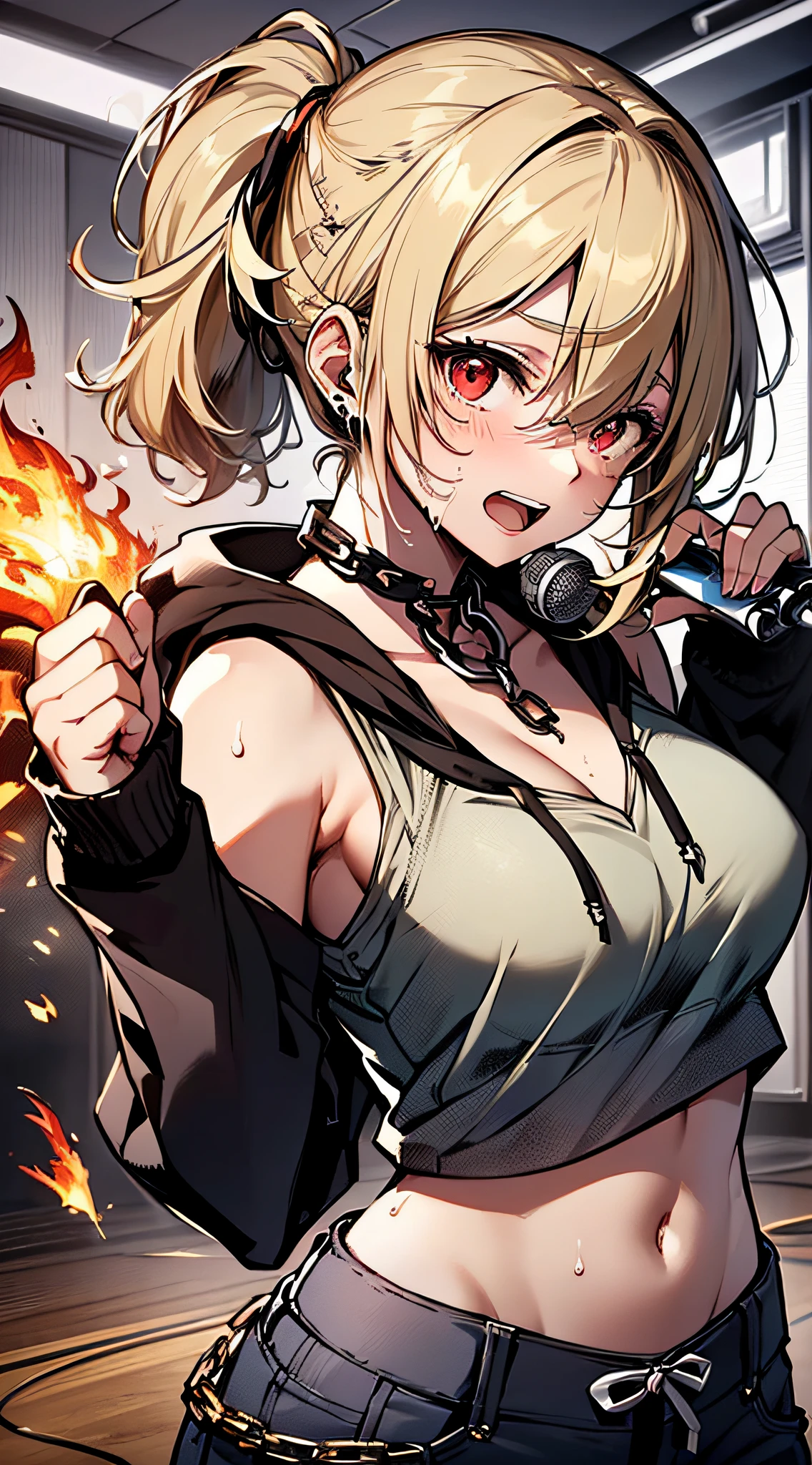 top-quality、Top image quality、masterpiece、girl with((18year old、tatteredclothing、Black tank top、Black short-sleeved hoodie、White pants、Best Bust、Bust 85、a blond、disheveled ponytail、Red Eyes、open chest wide、Happiness、Sweating、Chain Accessories、holding the mic、Voice bubbles(I love you),Singing、dance))hiquality、visualart、Background with((live house、knight、Combustion Renditions、Laser Pointer))、masutepiece