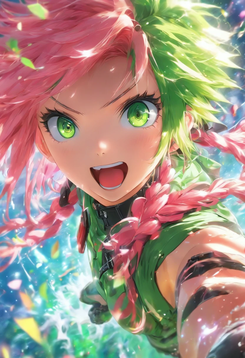 Anime girl with pink hair and green eyes poses for photo, Haruno Sakura, best anime 4k konachan wallpaper, Seductive Anime Girl, marin kitagawa fanart, sakura petals around her, splash art anime loli, anime style 4 k, anime moe art style, High quality anime art style, Detailed anime artwork, anime wallaper, Anime Best Girl