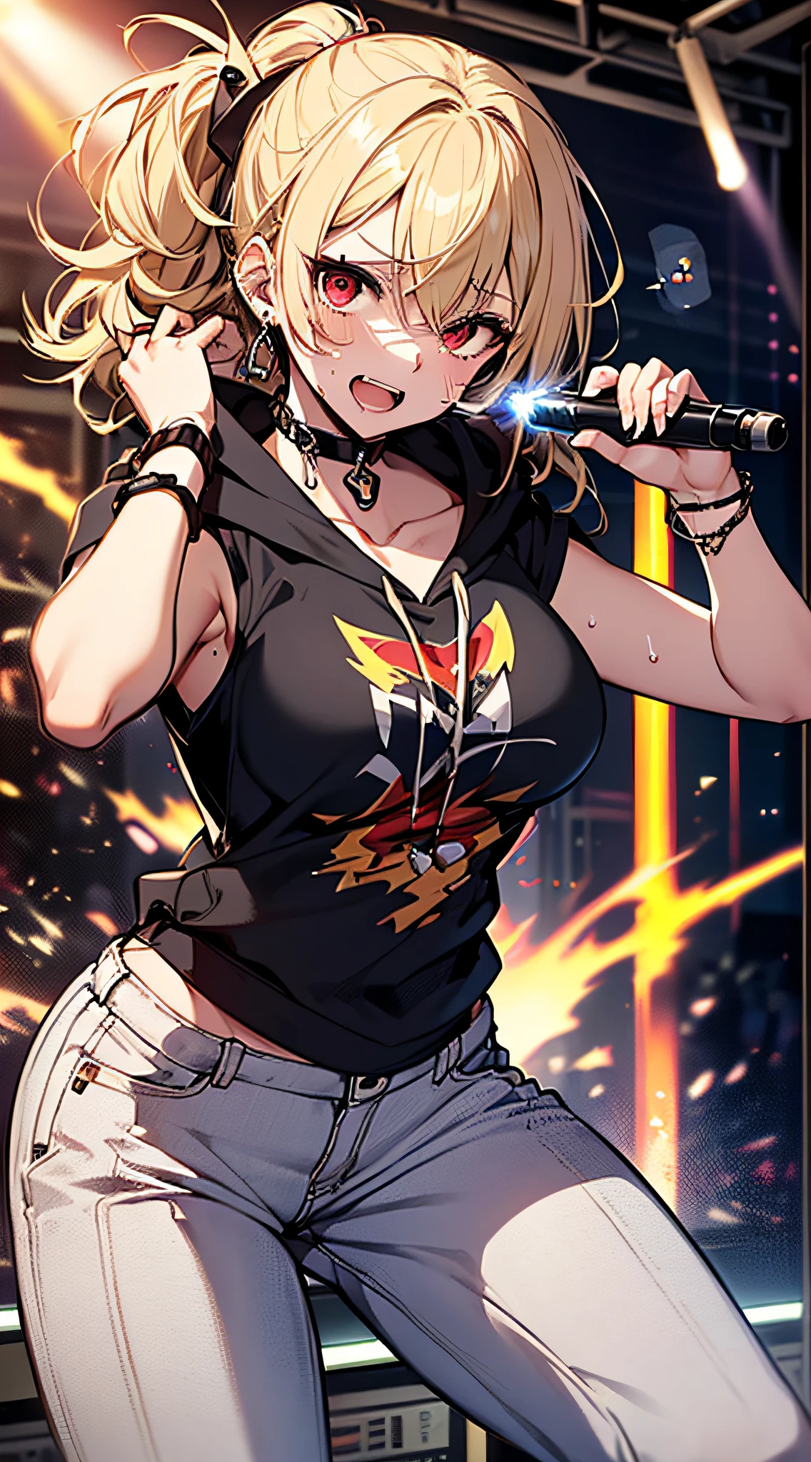 top-quality、Top image quality、masterpiece、girl with((18year old、tatteredclothing、Black tank top、Black short-sleeved hoodie、White pants、Best Bust、Bust 85、a blond、disheveled ponytail、Red Eyes、open chest wide、Happiness、Sweating、Chain Accessories、holding the mic、Voice bubbles(I love you),Singing、dance))hiquality、visualart、Background with((live house、knight、Combustion Renditions、Laser Pointer))、masutepiece