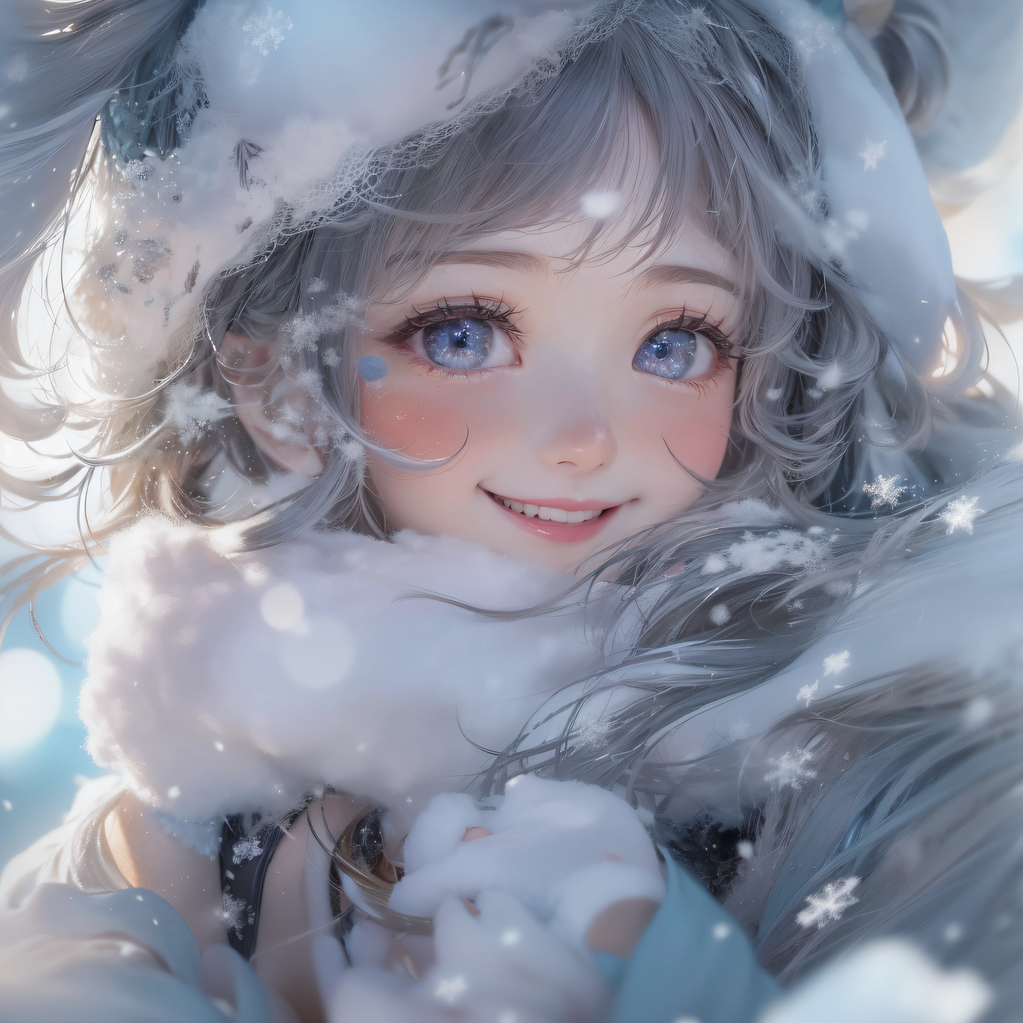 snowscape、Snow powder、Close up of smiling looking up、Close up of smiling looking up、Close up of smiling looking up、Facing the front、(masterpiece、realisitic、hight resolution)、(1 girl in):1.2)、Do-Up Eye、Korean Girl、(Best Quality), (masutepiece), (1girl in), Solo, Beautiful Girl, Perfect face, Big Breast,dreamlikeart、Highly detailed airbrush art(((Surreal))、intricate detailes、Volumetric lighting、(masterpiece:1.2)、(top-quality)、The ultra-detailliert、(The composition of the movement:1.4)、Highly detailed colorful details、(Bright lighting、Atmospheric lighting)、Magical、dynamic compositions、Ray traching、The mirror reflects light、Shallow depth of field、ultra-detailliert、mixing exposure、nffsw、Super masterpiece、Her eyes are glowing red、Silvery hair、Her face is full of anticipation and courage for adventure.、A smile comes to her lips、An air full of smiles and adventurous spirit、At the rear、Powder snow is falling on the snowy mountains。Its light brings the light of powder snow、Swaying powder snow creates a beautiful scenery..。Her courage and determination are condensed.、Eye-catching presence。Her eyes are shining。Powder snow、Powder snow