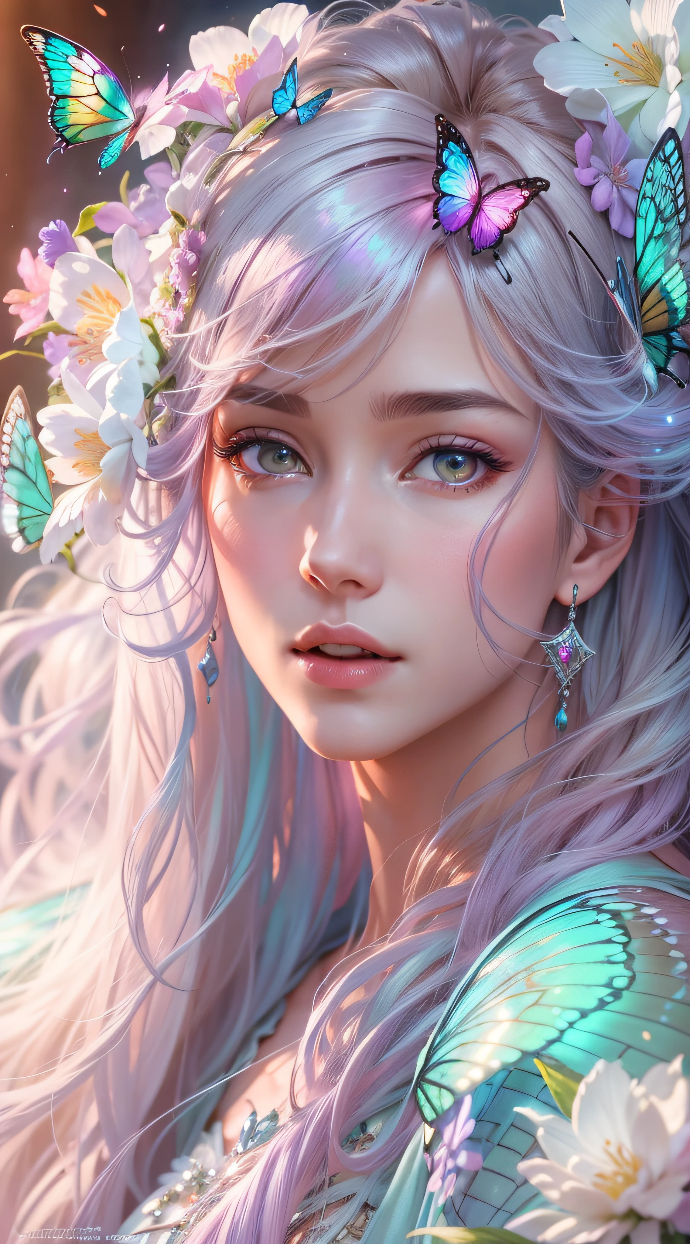 best quality,ultra-detailed,realistic, vivid colors, studio lighting, HDR, 8k, masterpiece:1.2, long luscious rainbow-colored hair, shining silver horn, gentle and serene expression, mesmerizing purple eyes, elegant and graceful posture, beautiful butterfly wings, flowing and iridescent gown, surrounded by blooming flowers, ethereal and magical atmosphere, fantasy art, dreamlike scenery, soft and warm color tones