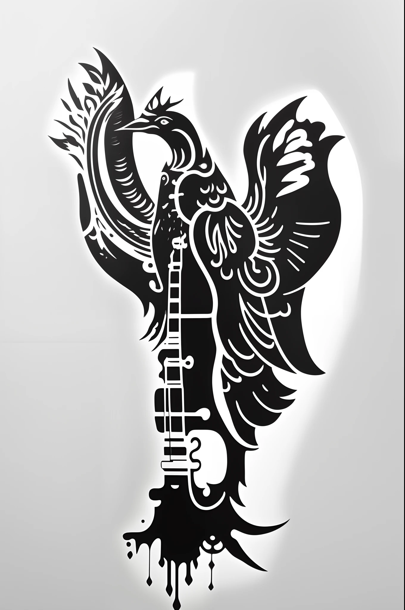 There is a black and white drawing of a bird with a guitar, inspirado em Sugimura Jihei, tattoo stencil, black stencil, silhueta detalhada, arte a tinta, stencil art, design de tatuagem conceitual, design de tatuagem, a phoenix, black and white ink ', professional unique master piece, arte vetorial para plasma cnc, artwork of a phoenix, arte em preto e branco